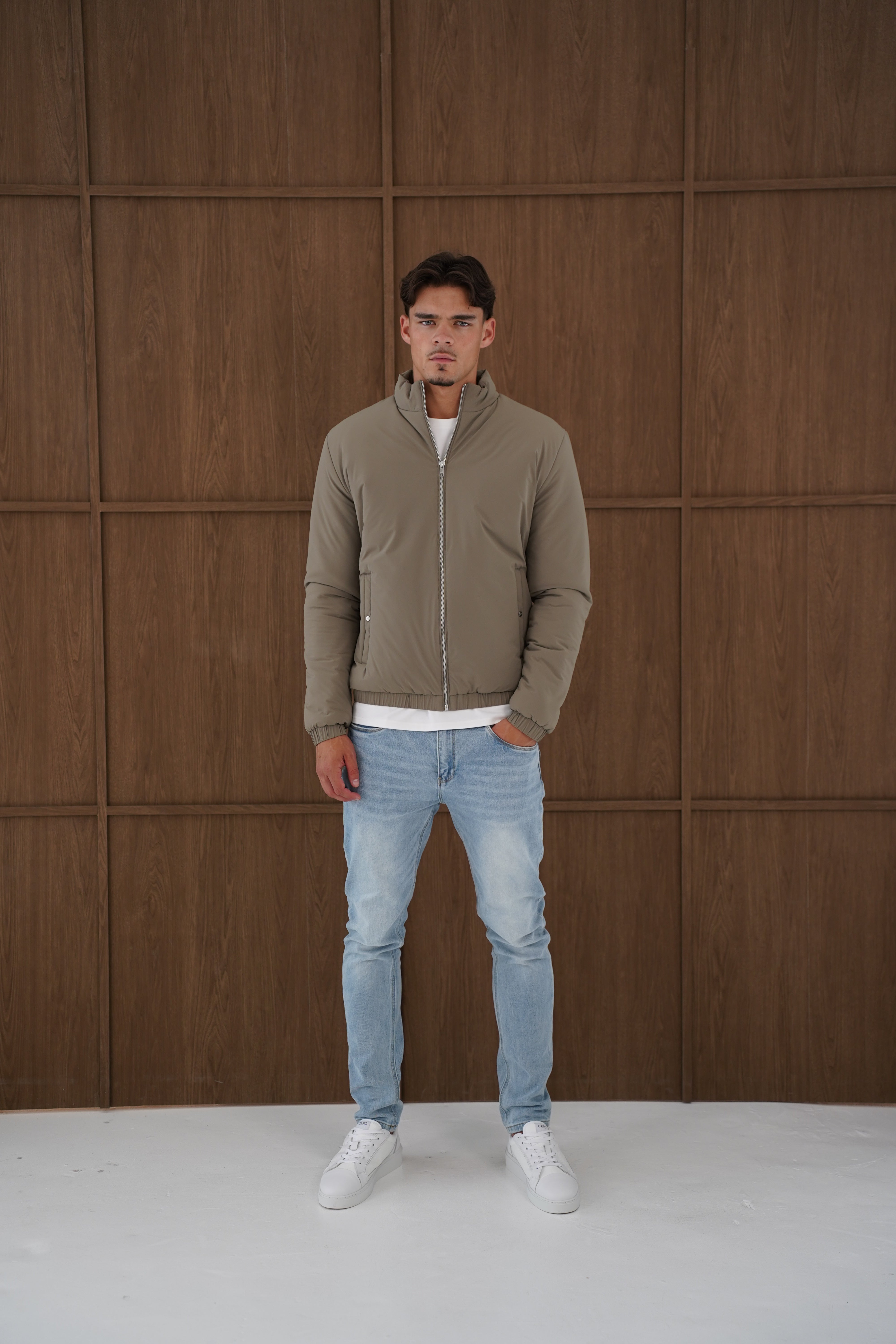 Model front view of CAPO Padded Olive Bomber Jackets