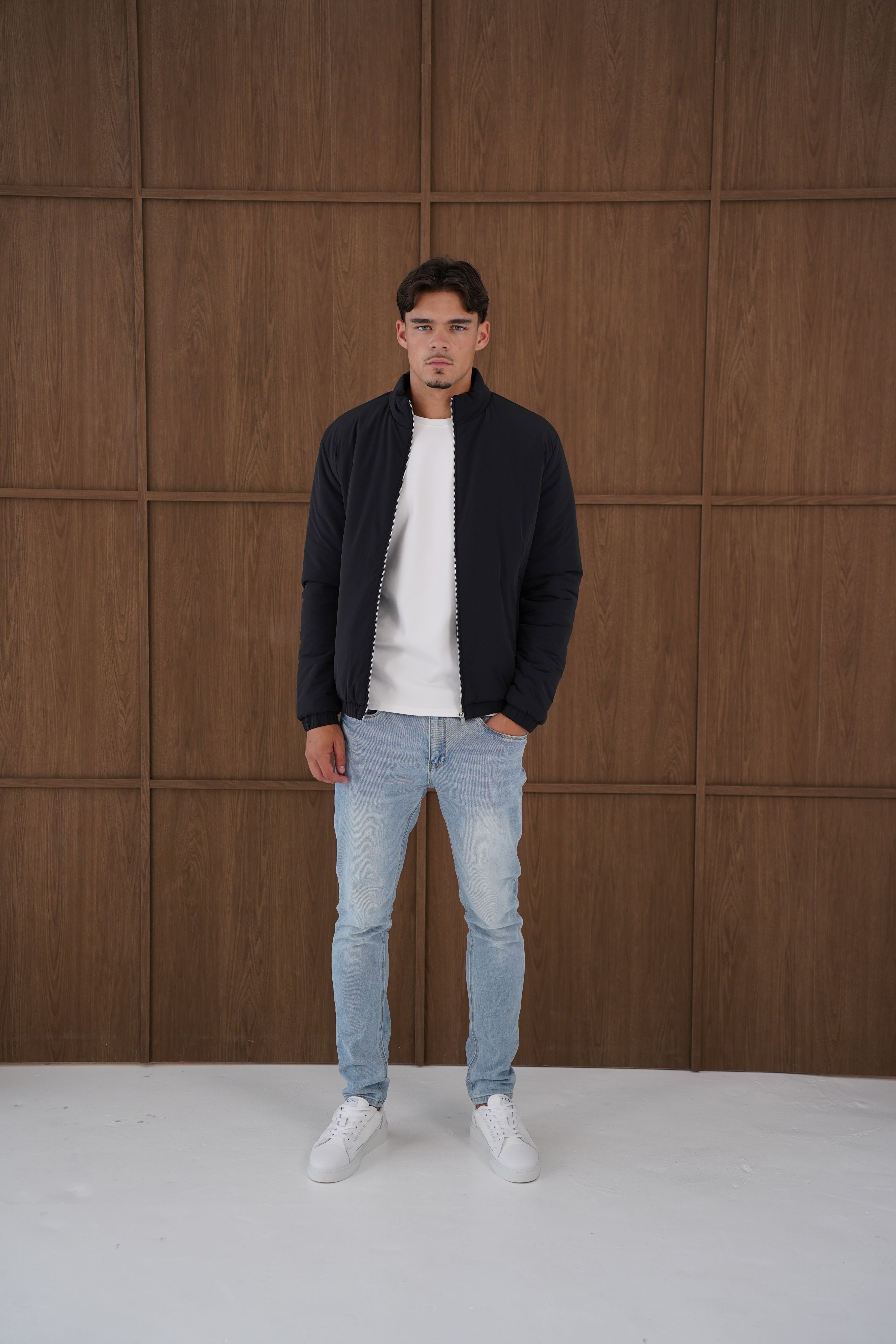 Model view of CAPO Padded Bomber Black Jacket