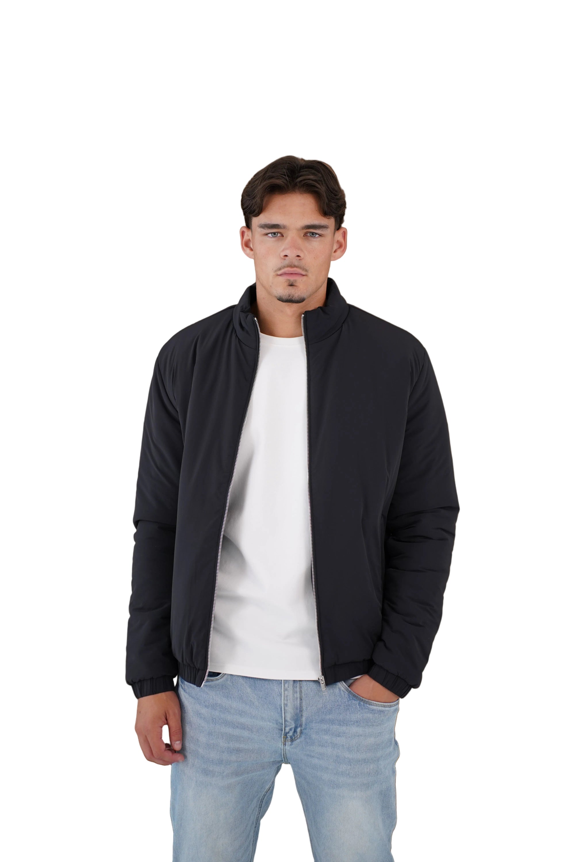 Model front view of CAPO Padded Bomber Black Jacket
