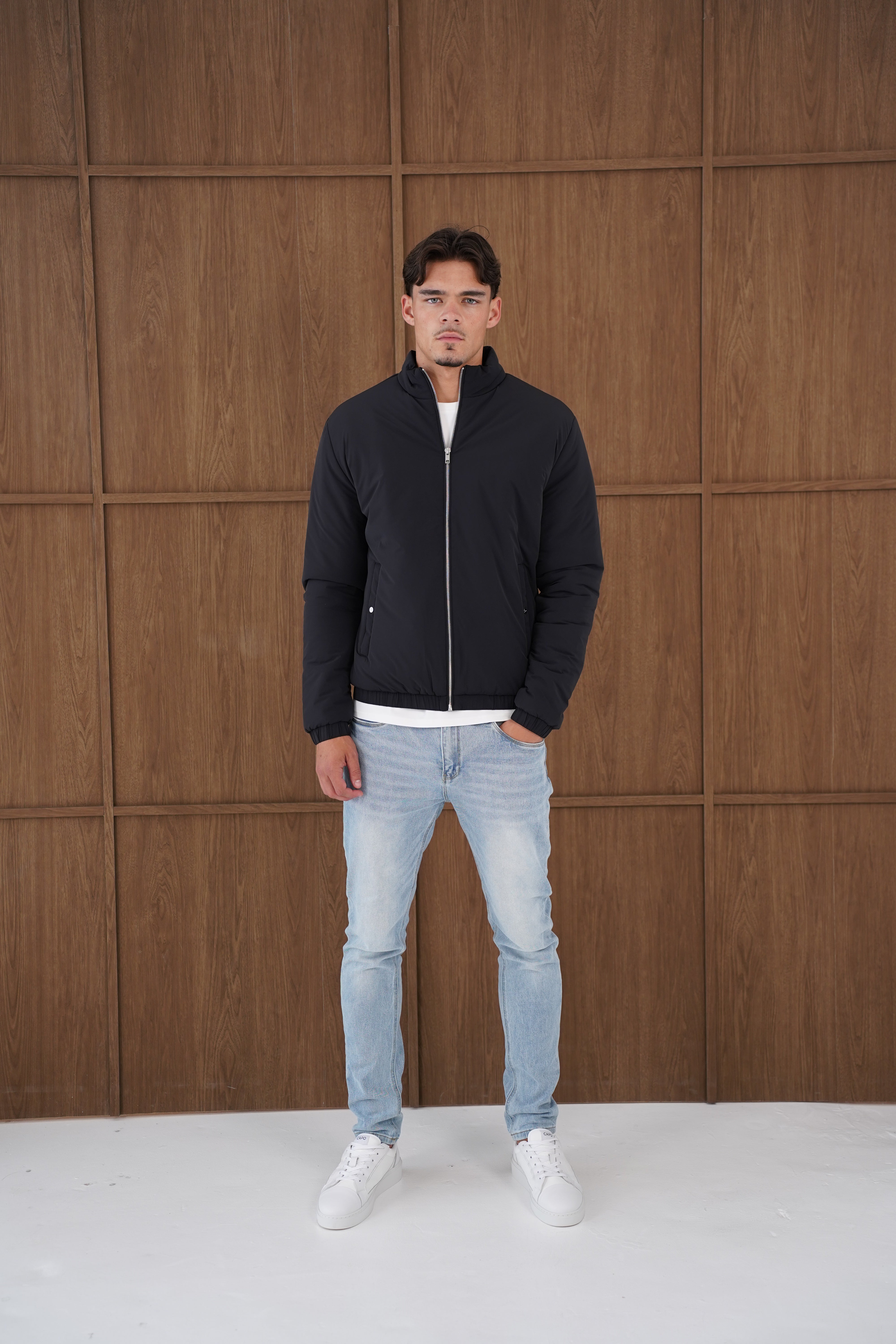 Model front view of CAPO Padded Bomber Black Jacket