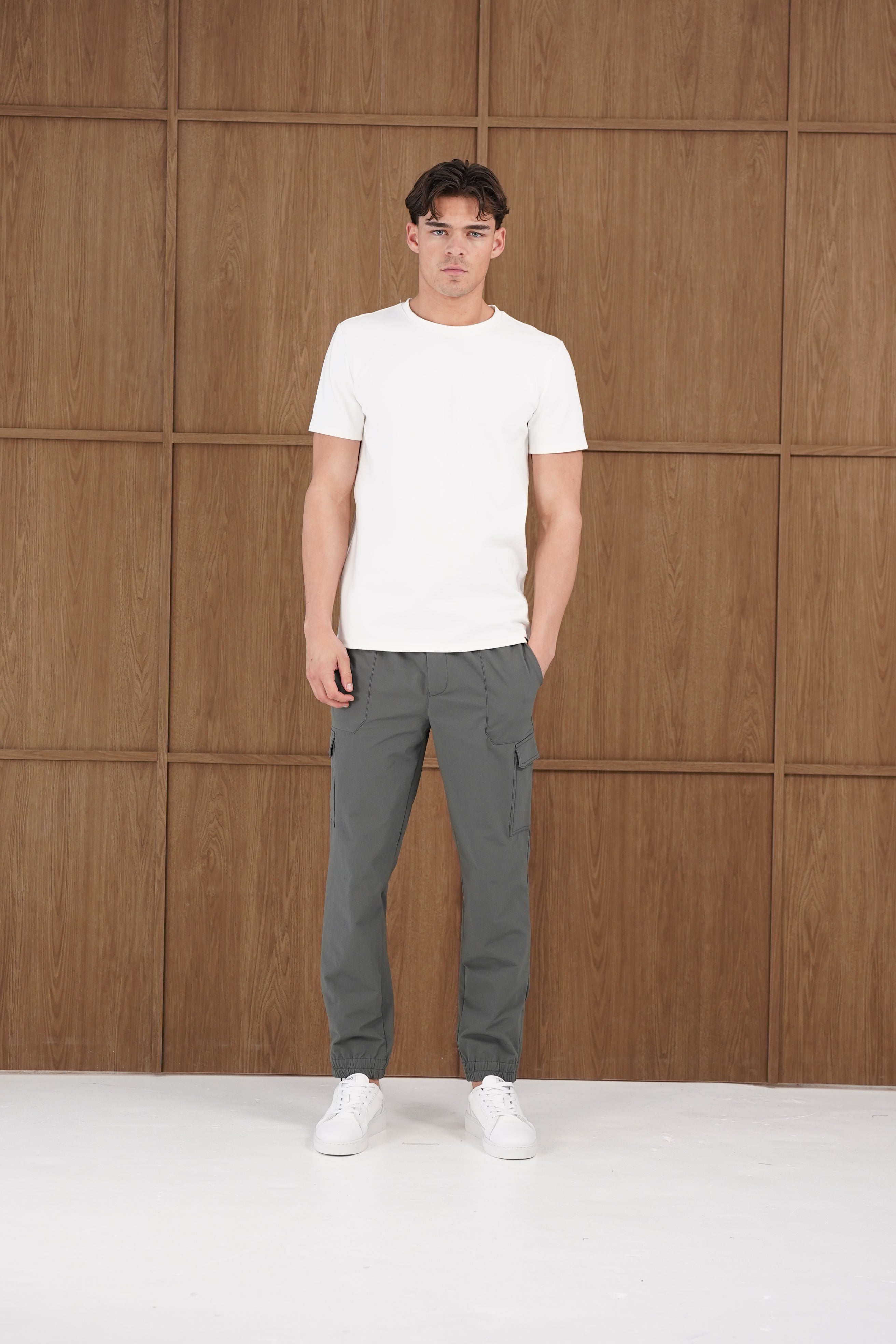 Model view of CAPO Smart Cuffed Charcoal Cargo Pants