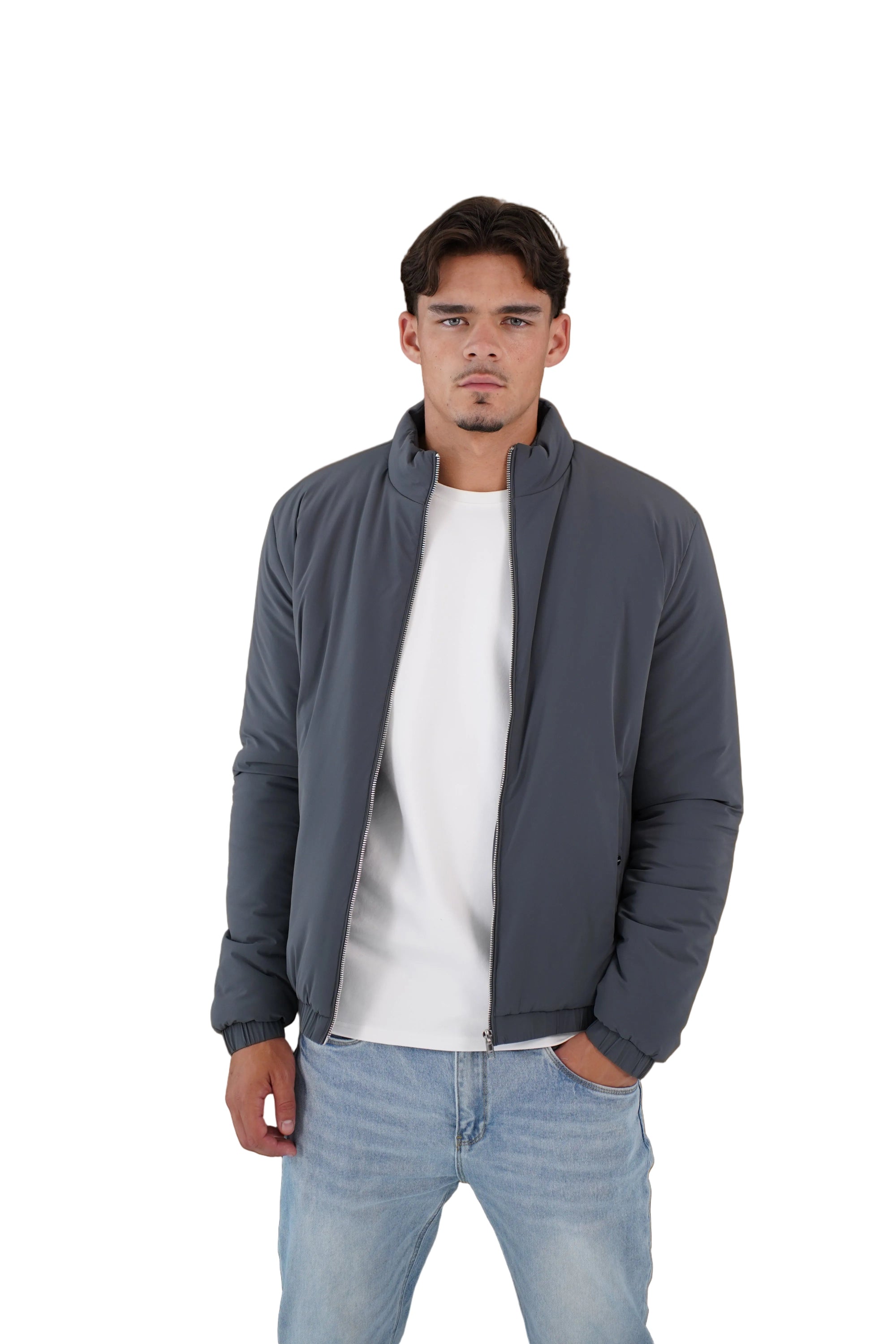 Model front view of CAPO Padded Bomber Charcoal Jacket