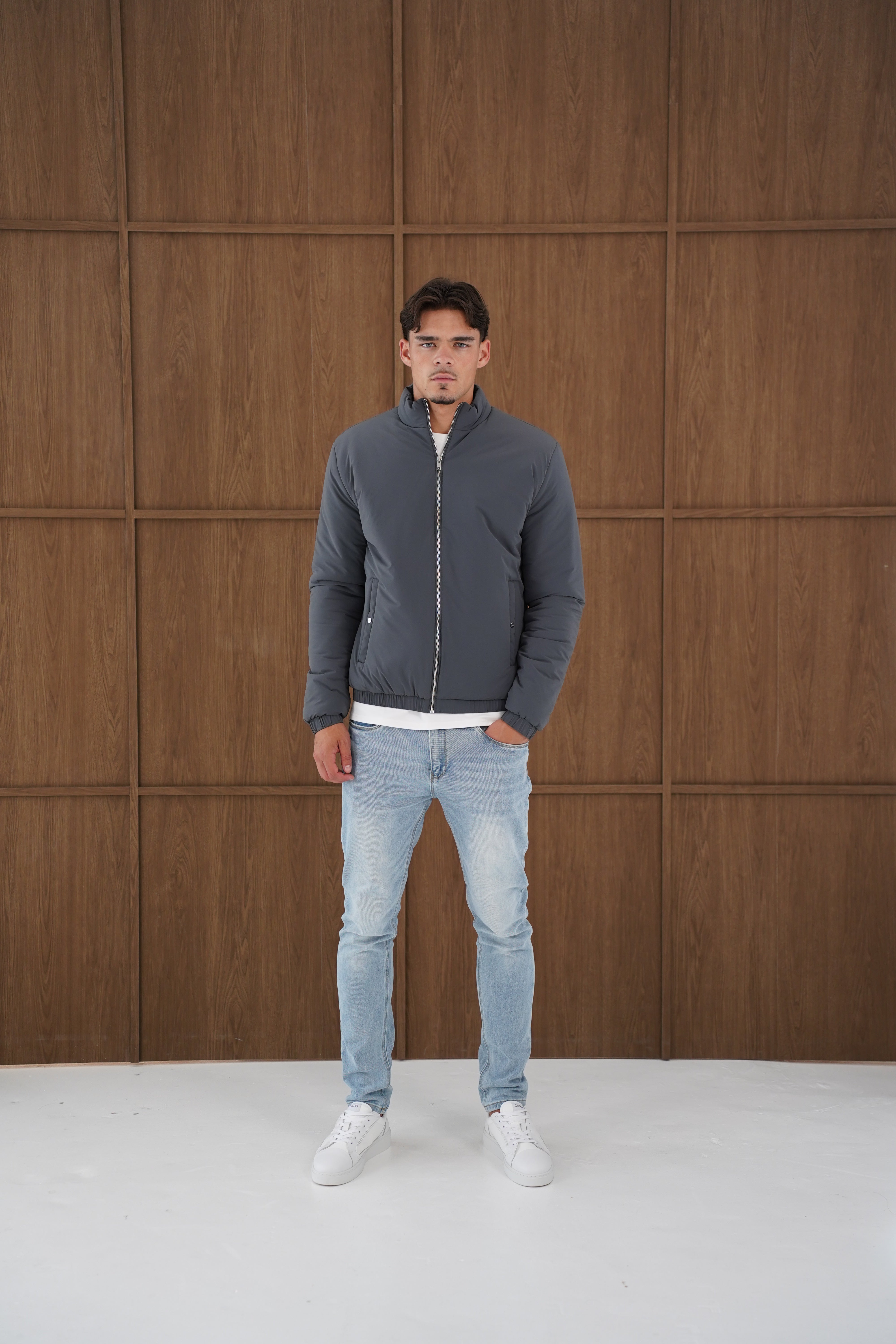 Model view of CAPO Padded Bomber Charcoal Jacket