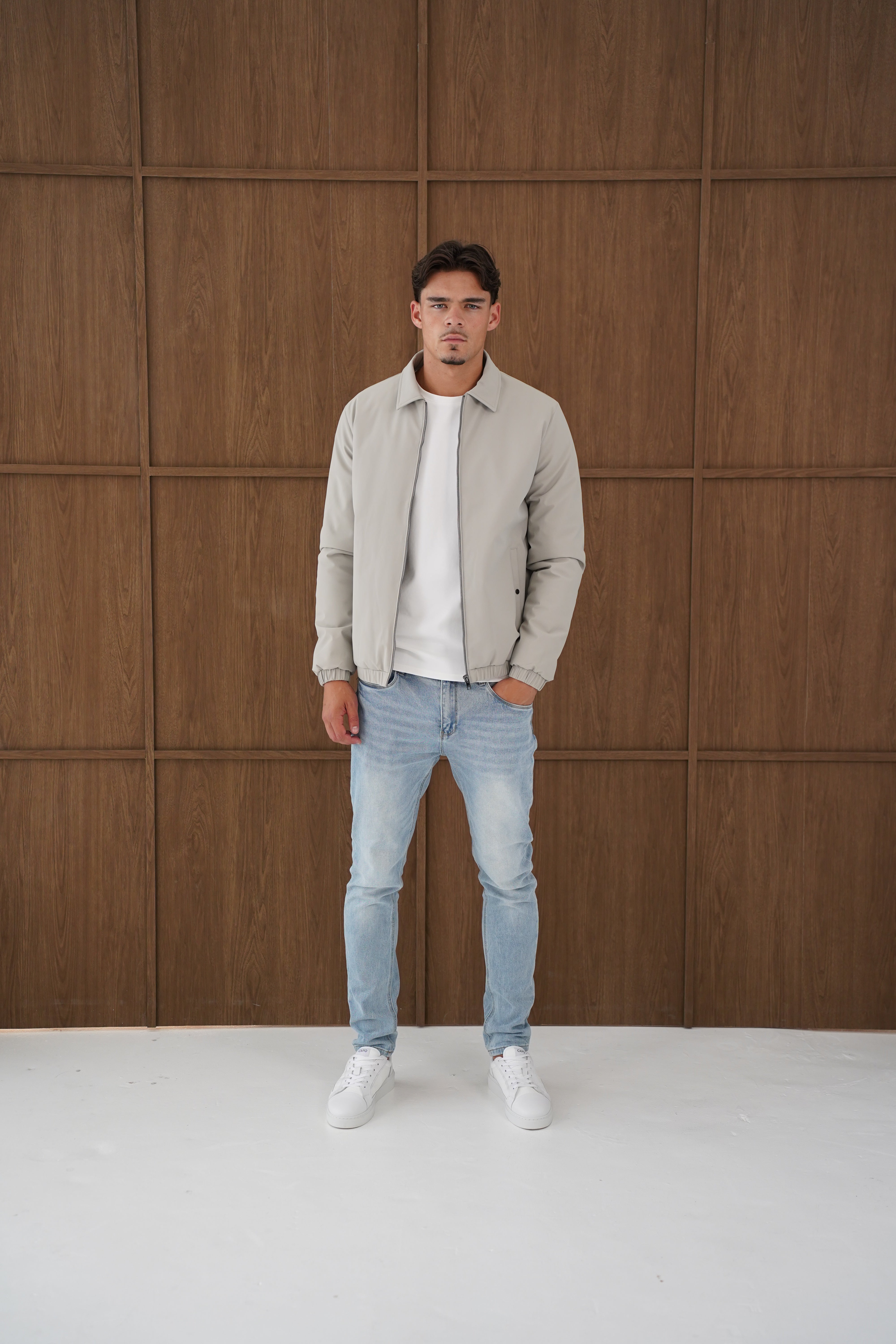 model view of CAPO Padded Collar Taupe Jacket