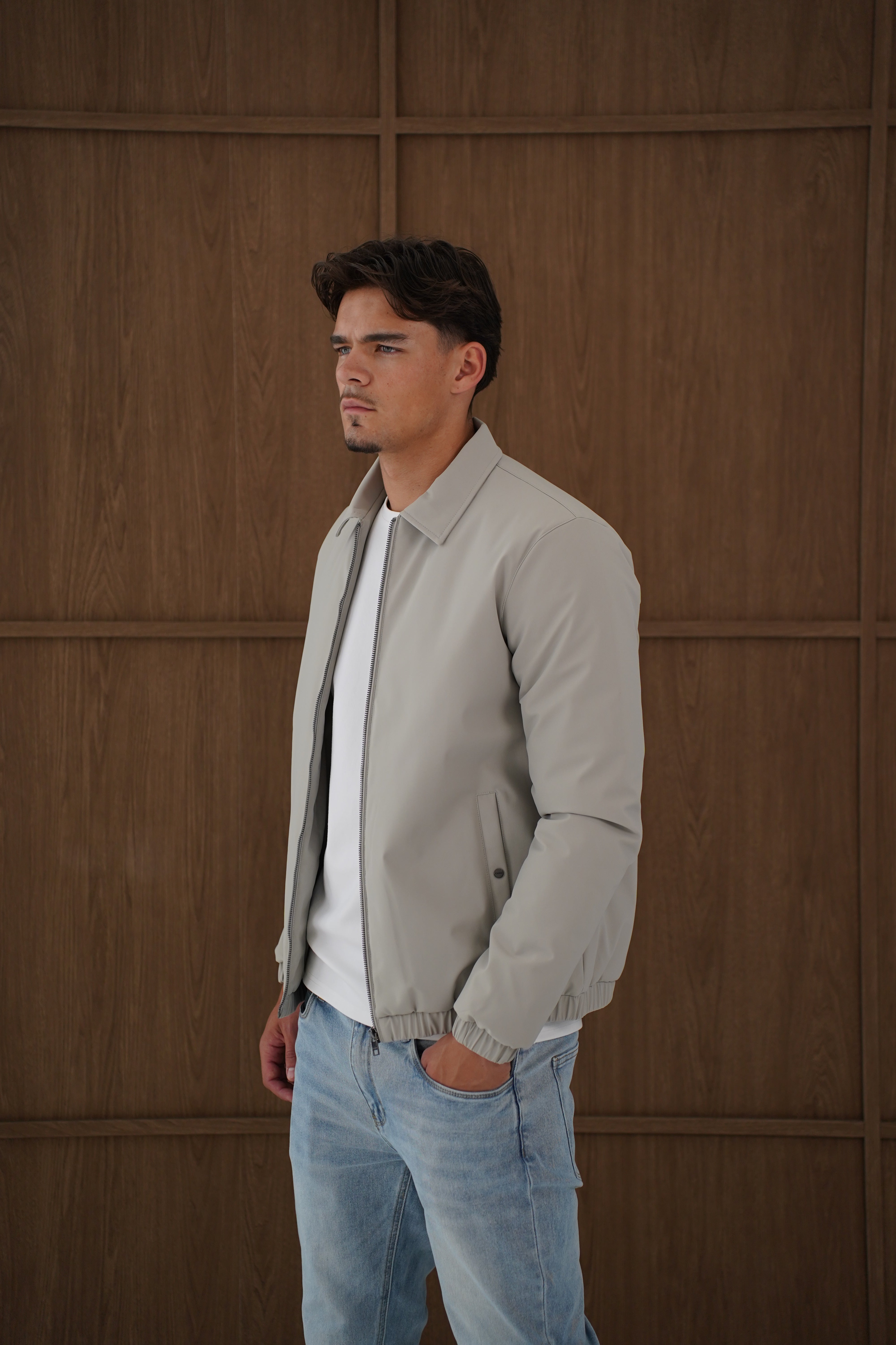 Model side view of CAPO Padded Collar Taupe Jacket