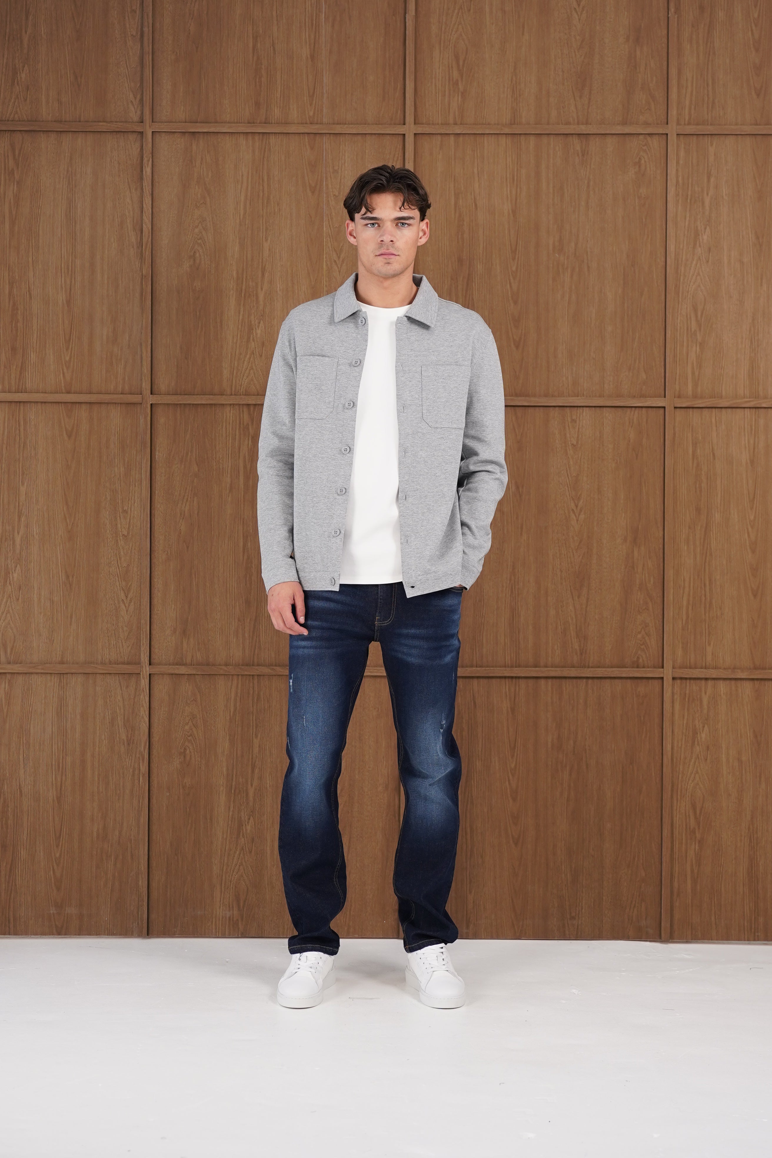 Model view of CAPO Smart Button Light Grey Overshirt