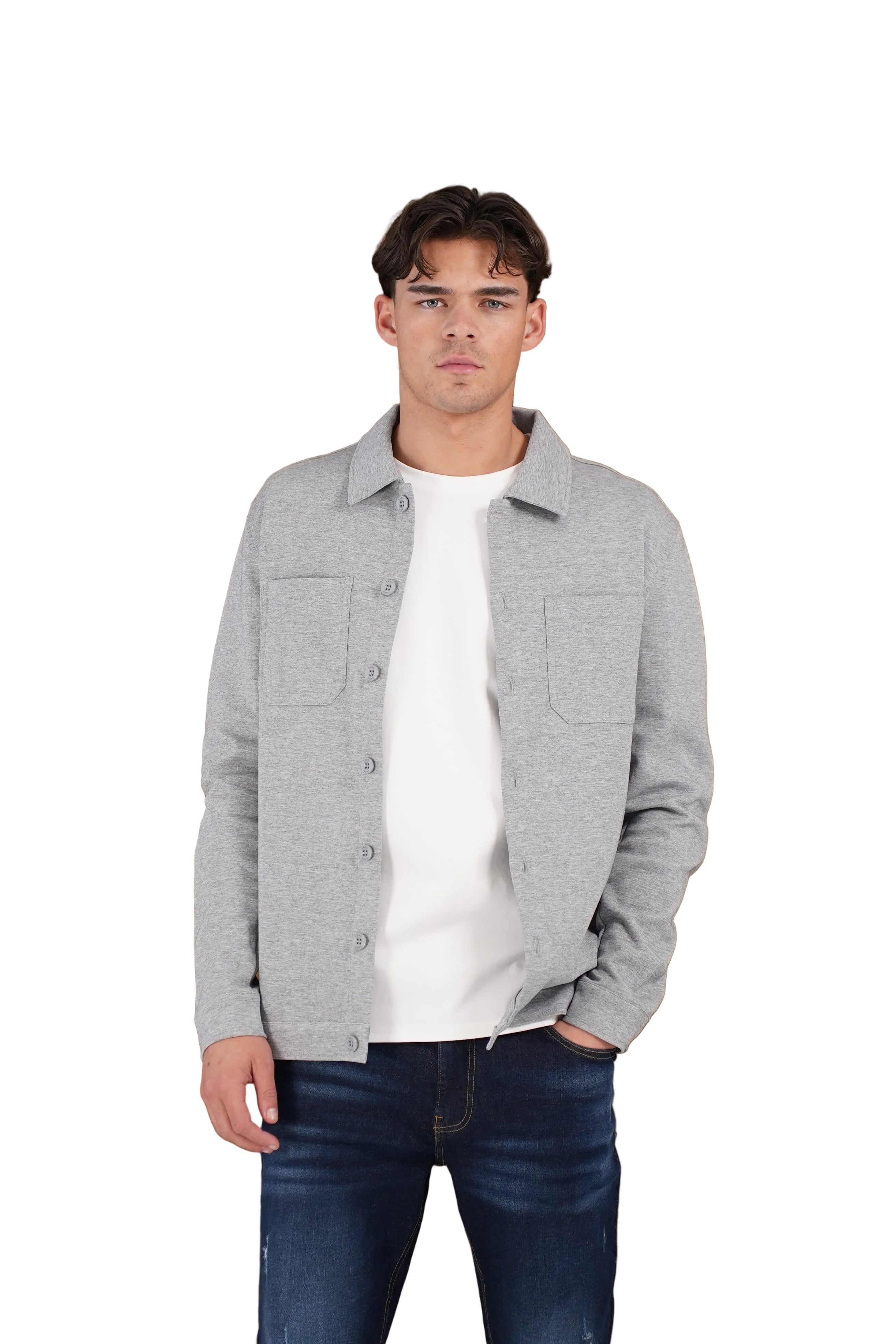 Front view of CAPO Smart Button Light Grey Overshirt