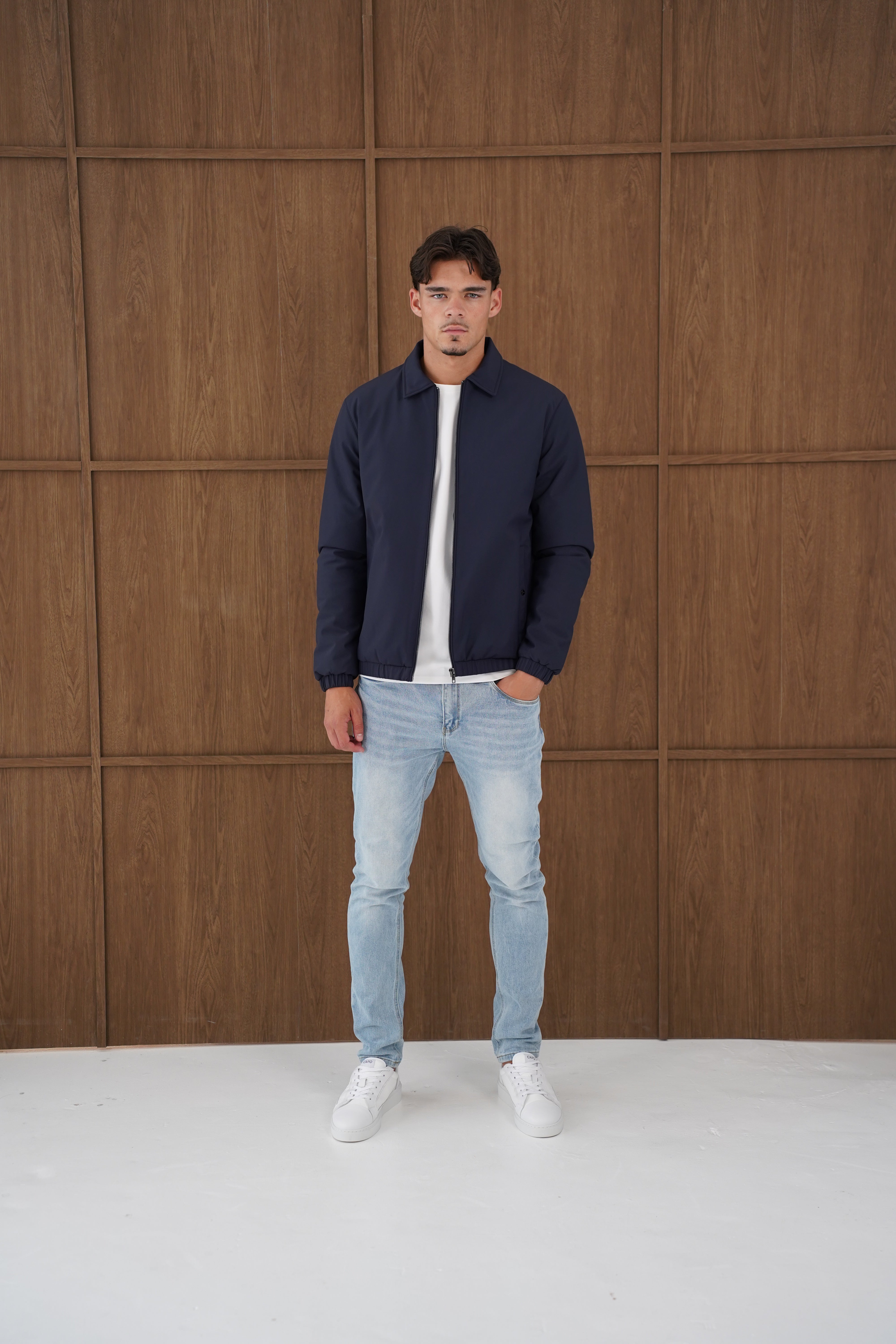 Model view of CAPO Padded Collar Navy Jacket