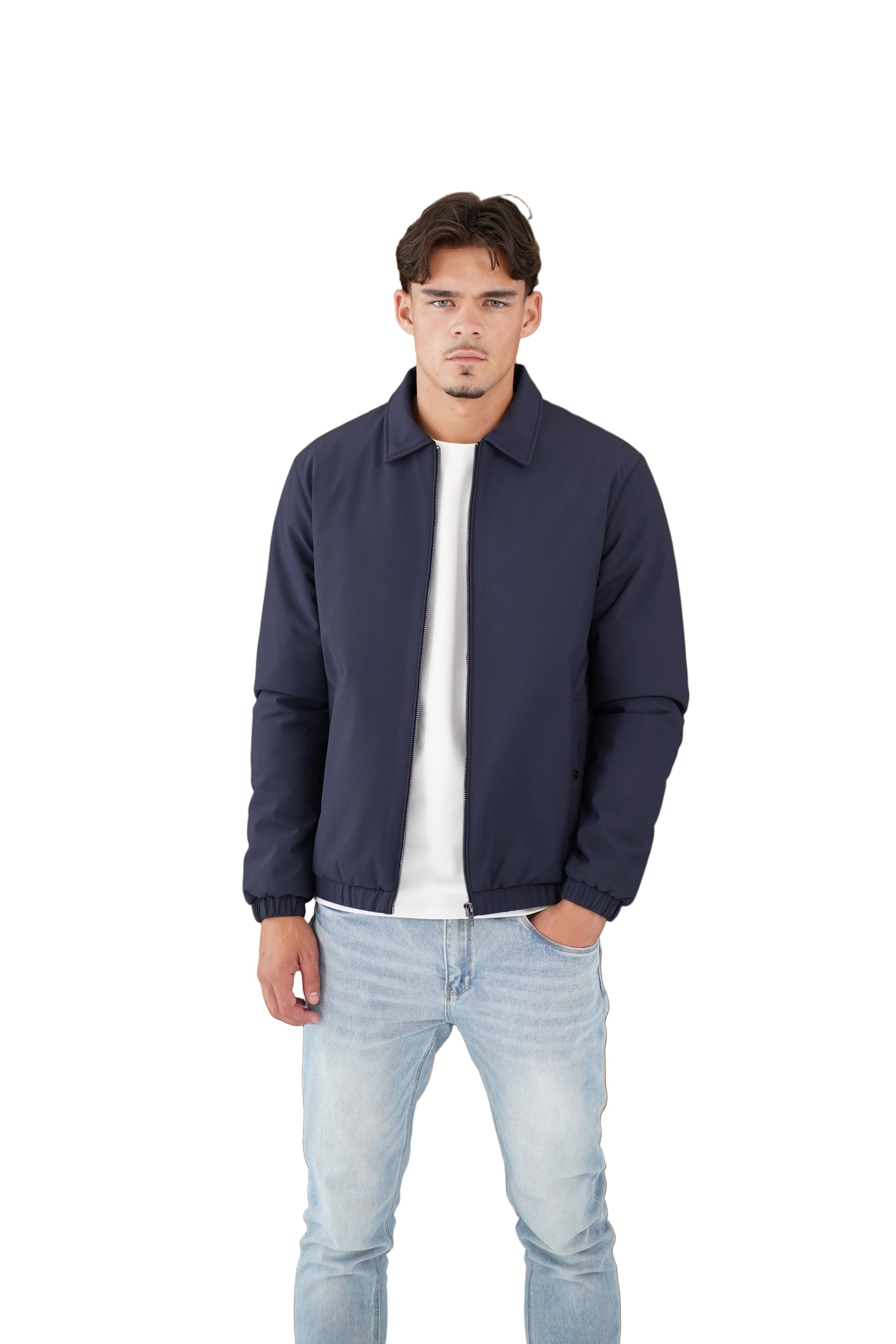 Front view of CAPO Padded Collar Navy Jacket