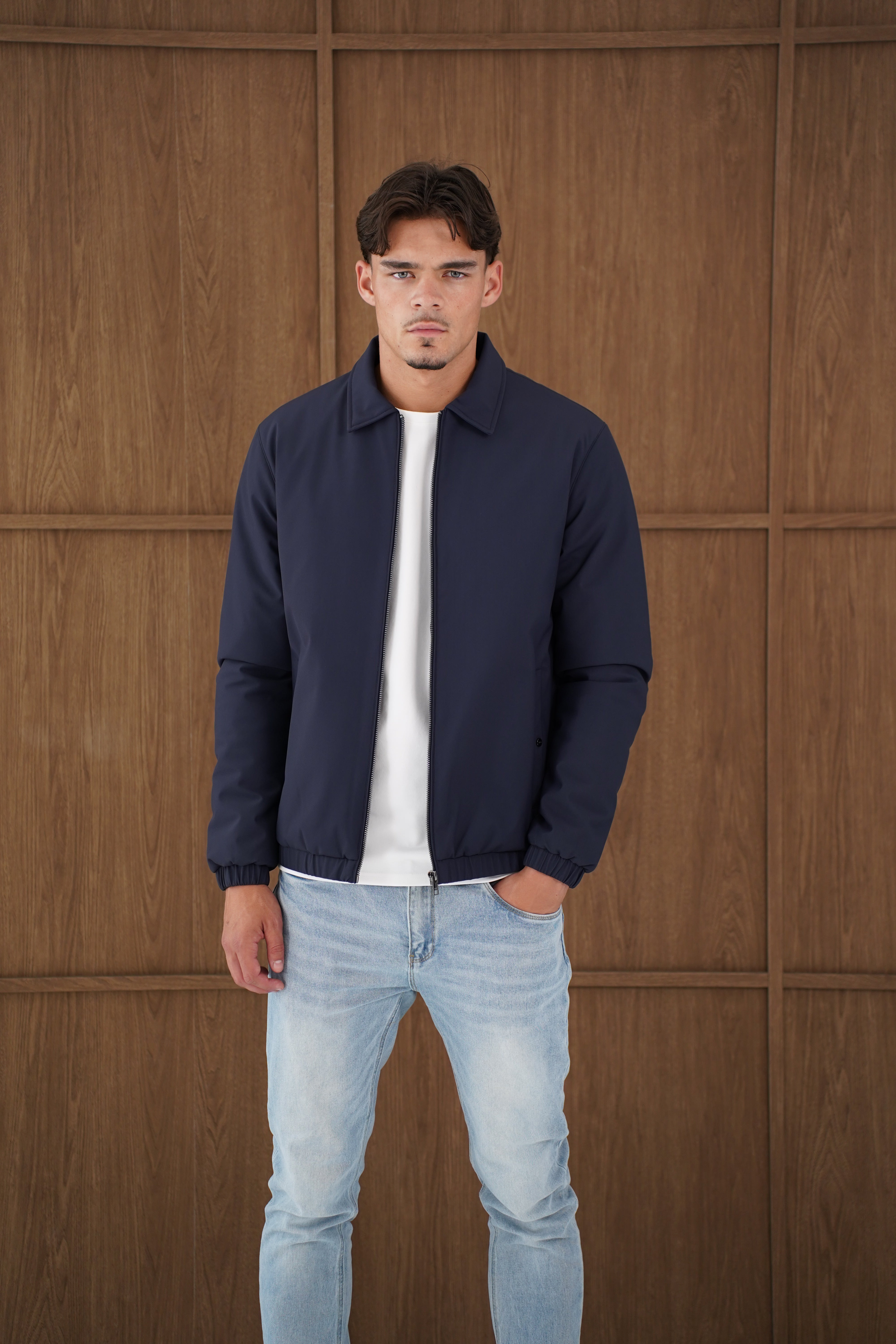 Model  view of CAPO Padded Collar Navy Jacket