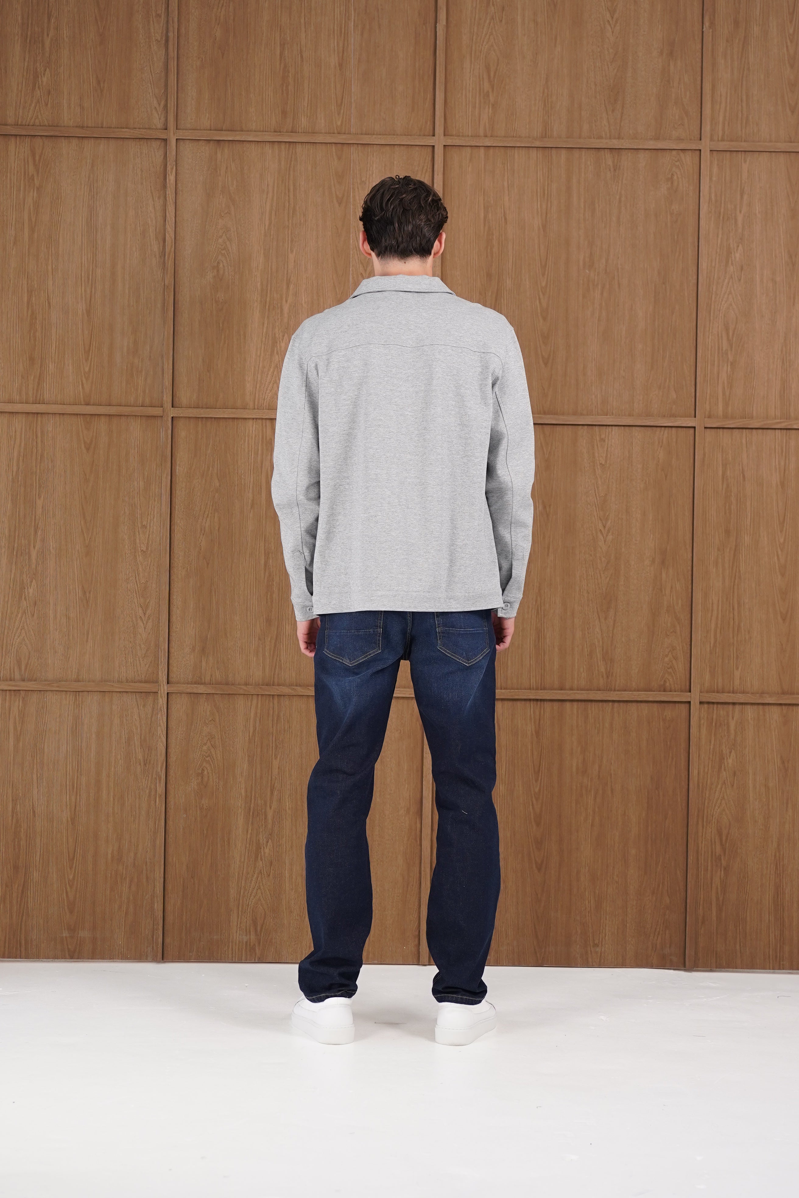 Model back view of CAPO Smart Button Light Grey Overshirt