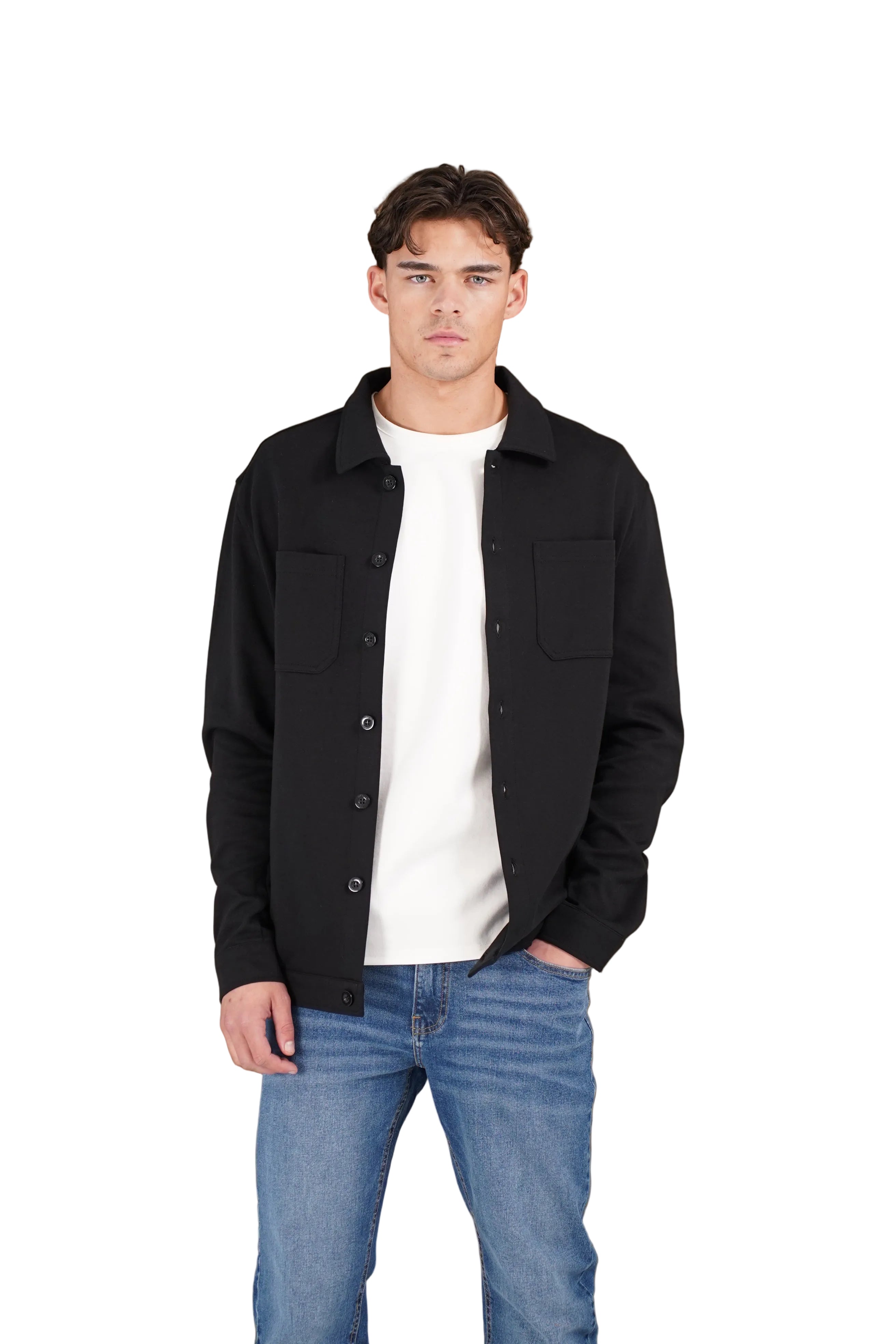 Front view of CAPO Smart Button Black Overshirt