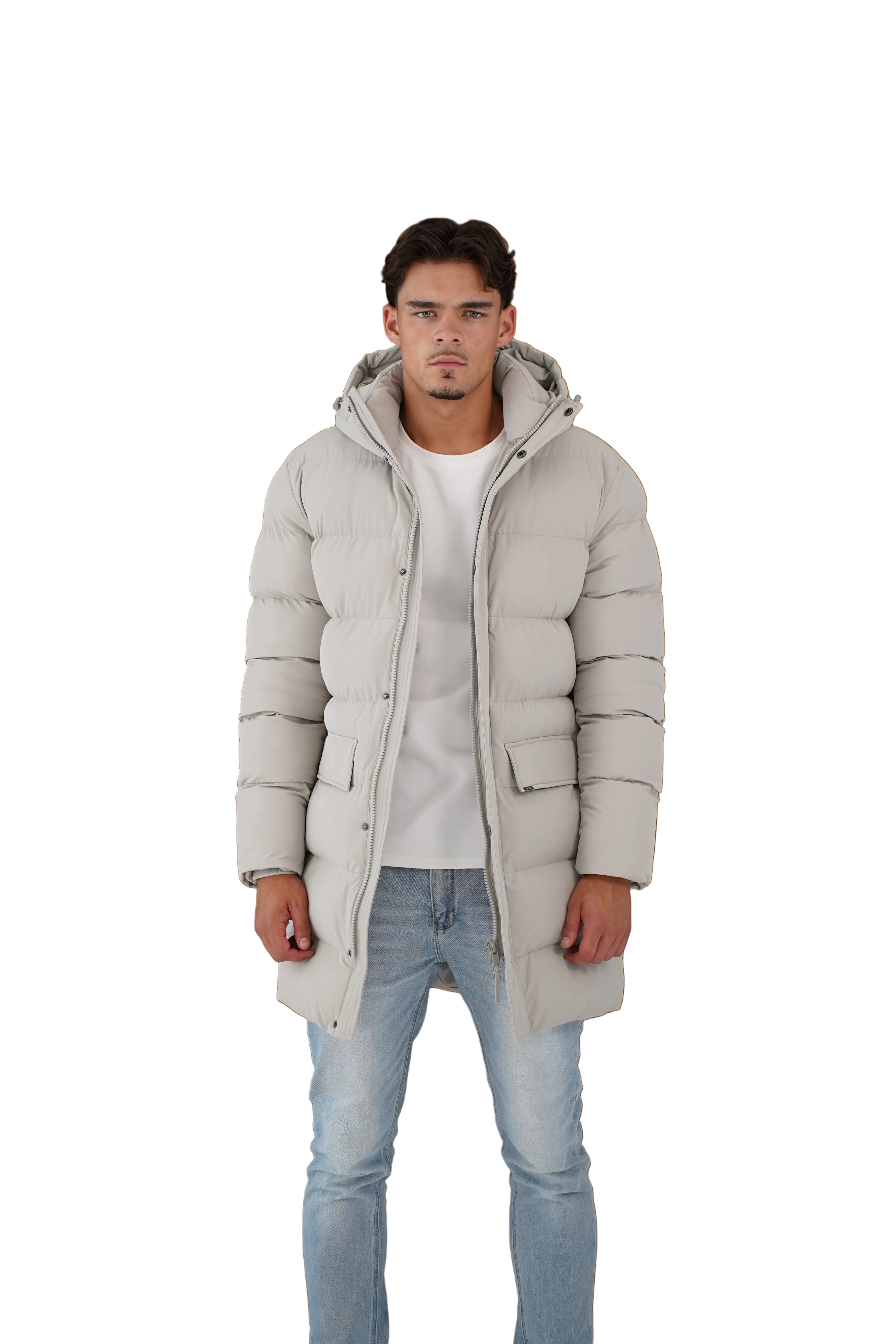 Model front view of CAPO Mid Length Stone Puffer Jacket