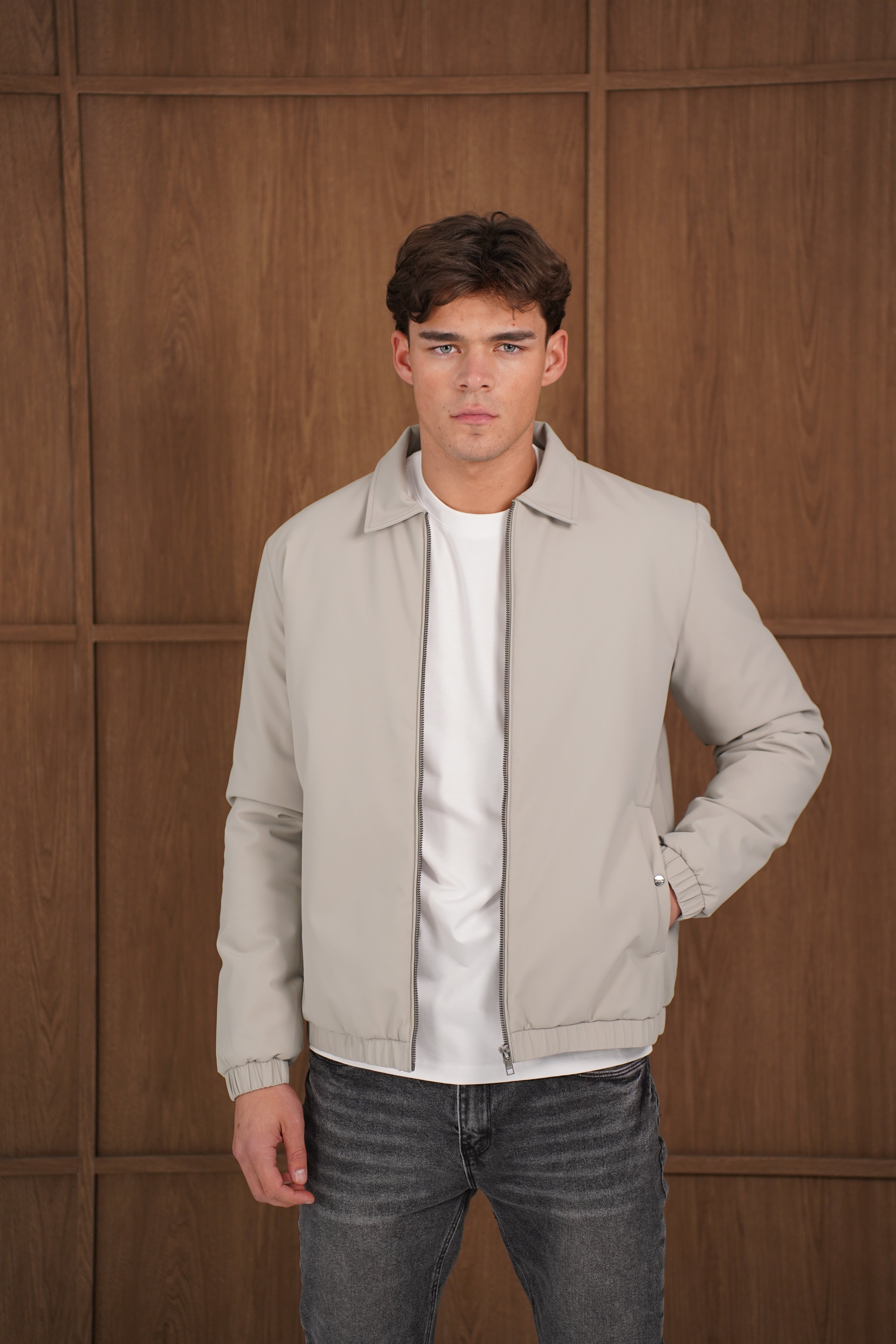 Model view of CAPO Padded Collar Taupe Jacket