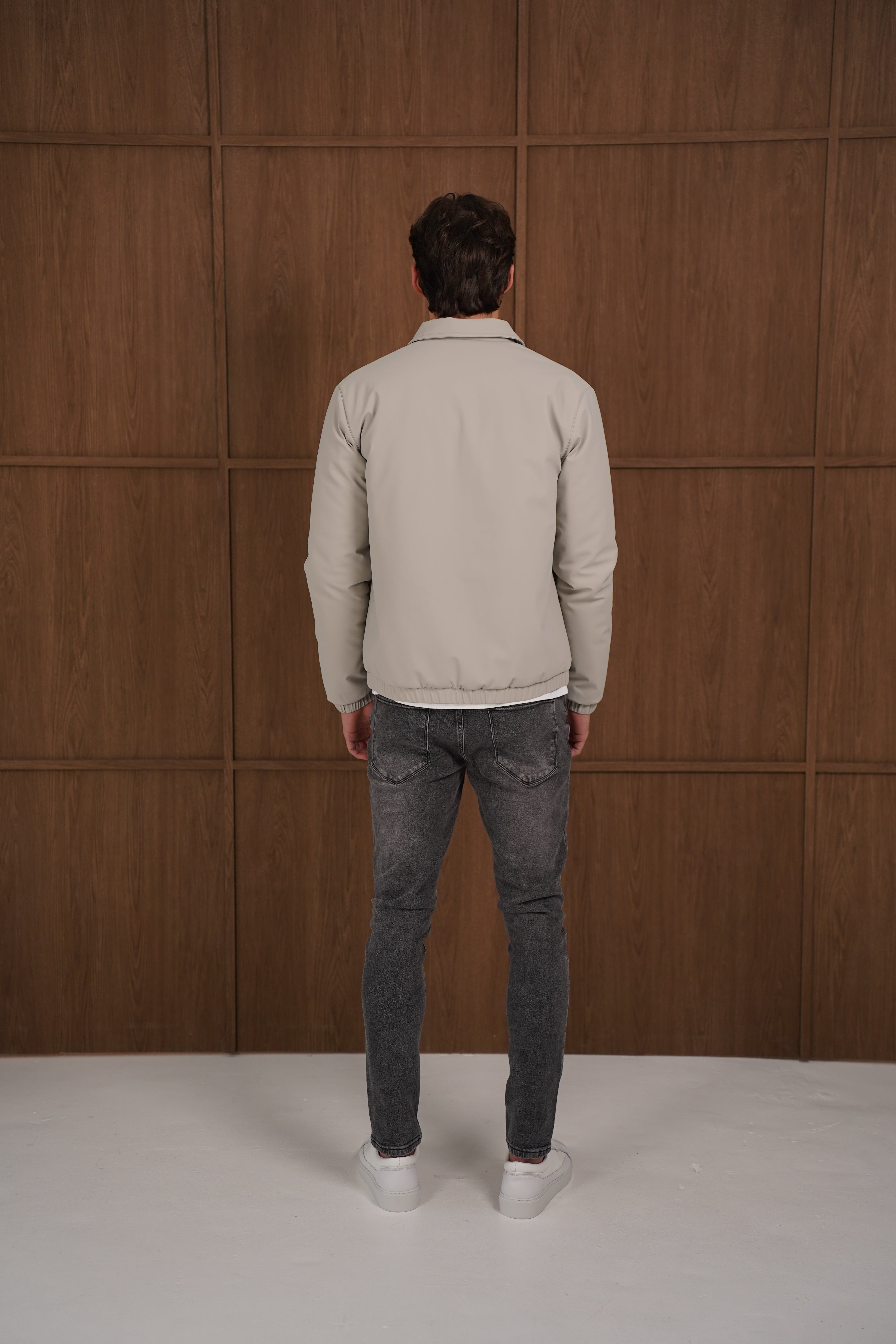 Model back view of CAPO Padded Collar Taupe Jacket