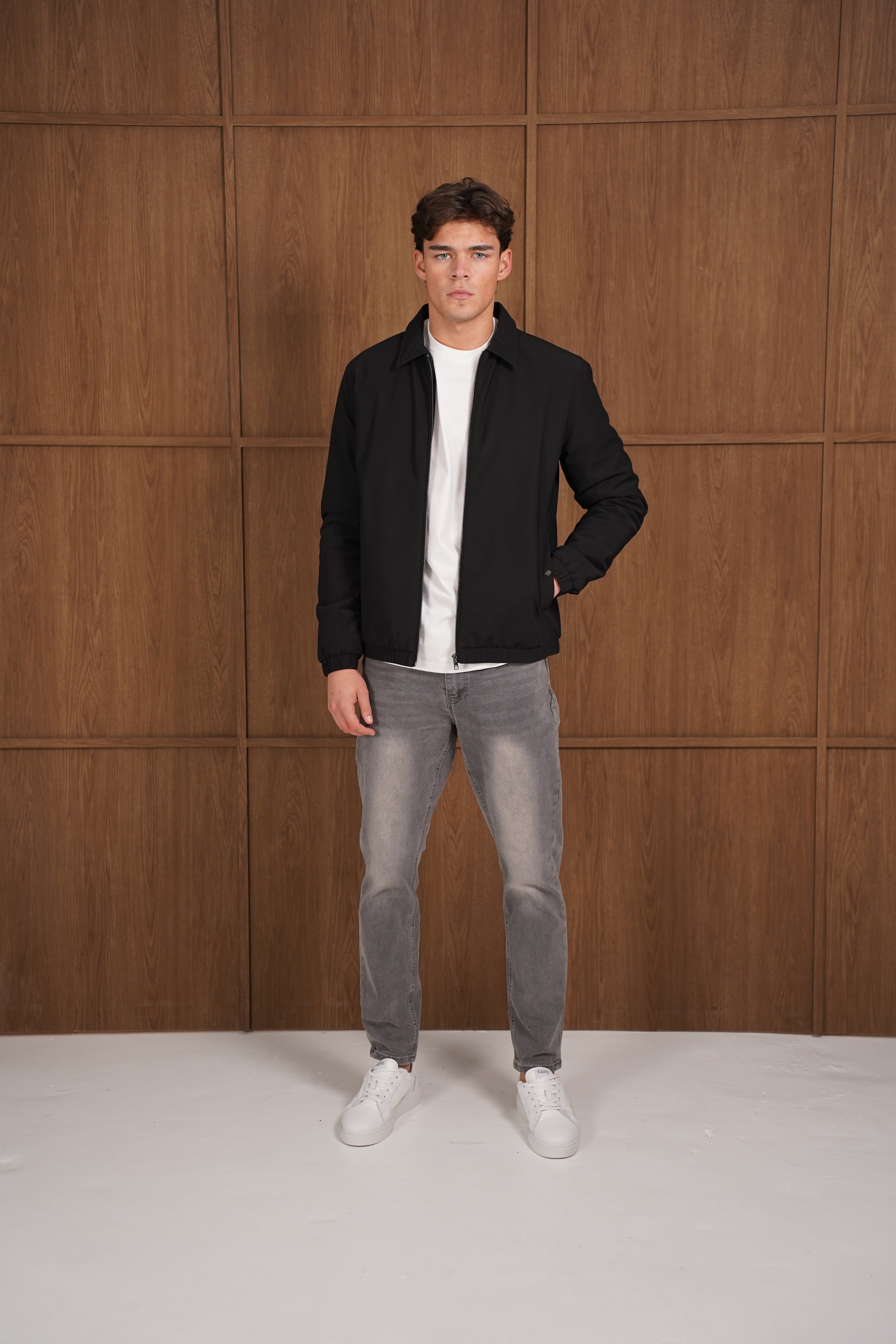 Model view of CAPO Padded Collar Black Jacket