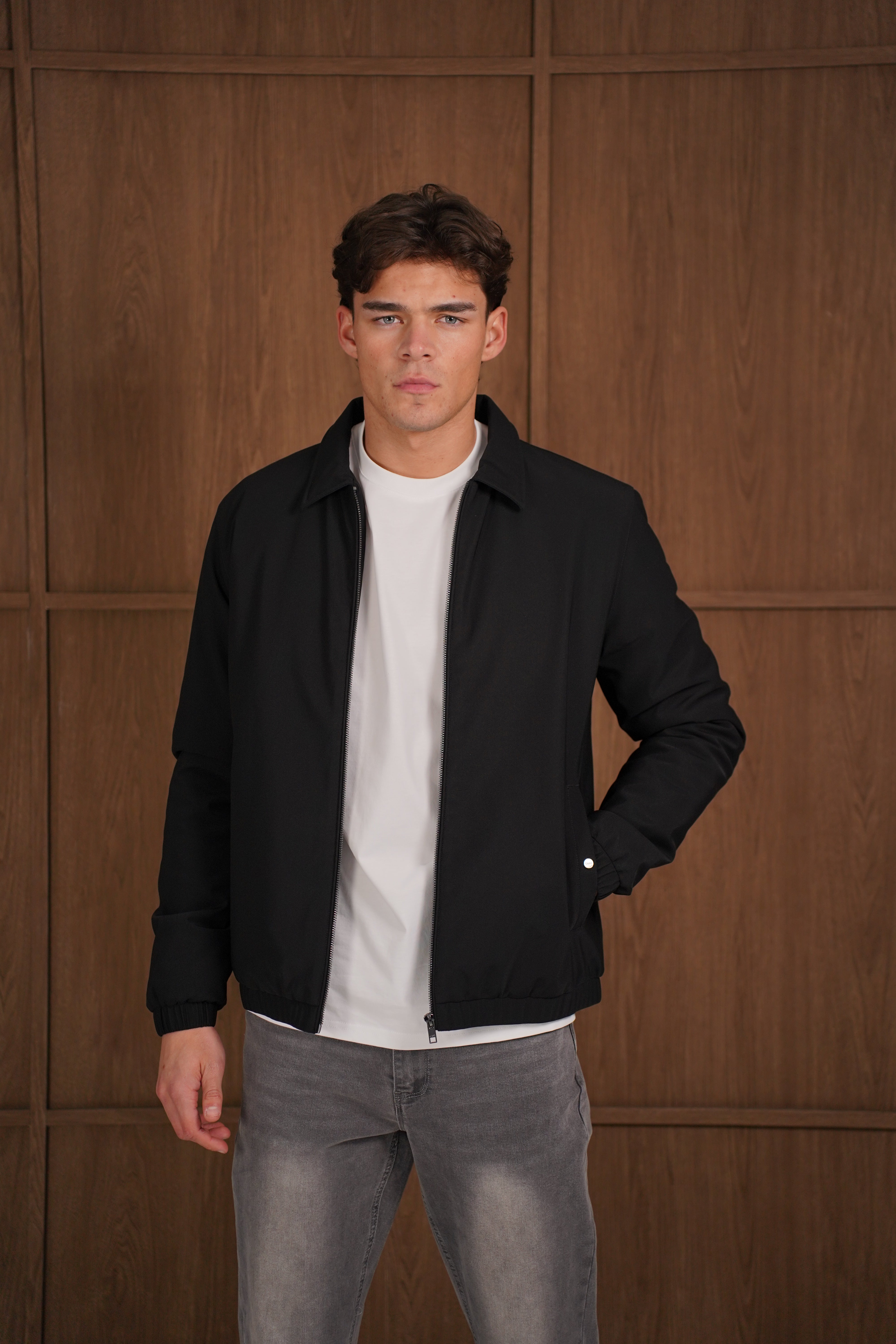 Model Front view of CAPO Padded Collar Black Jacket
