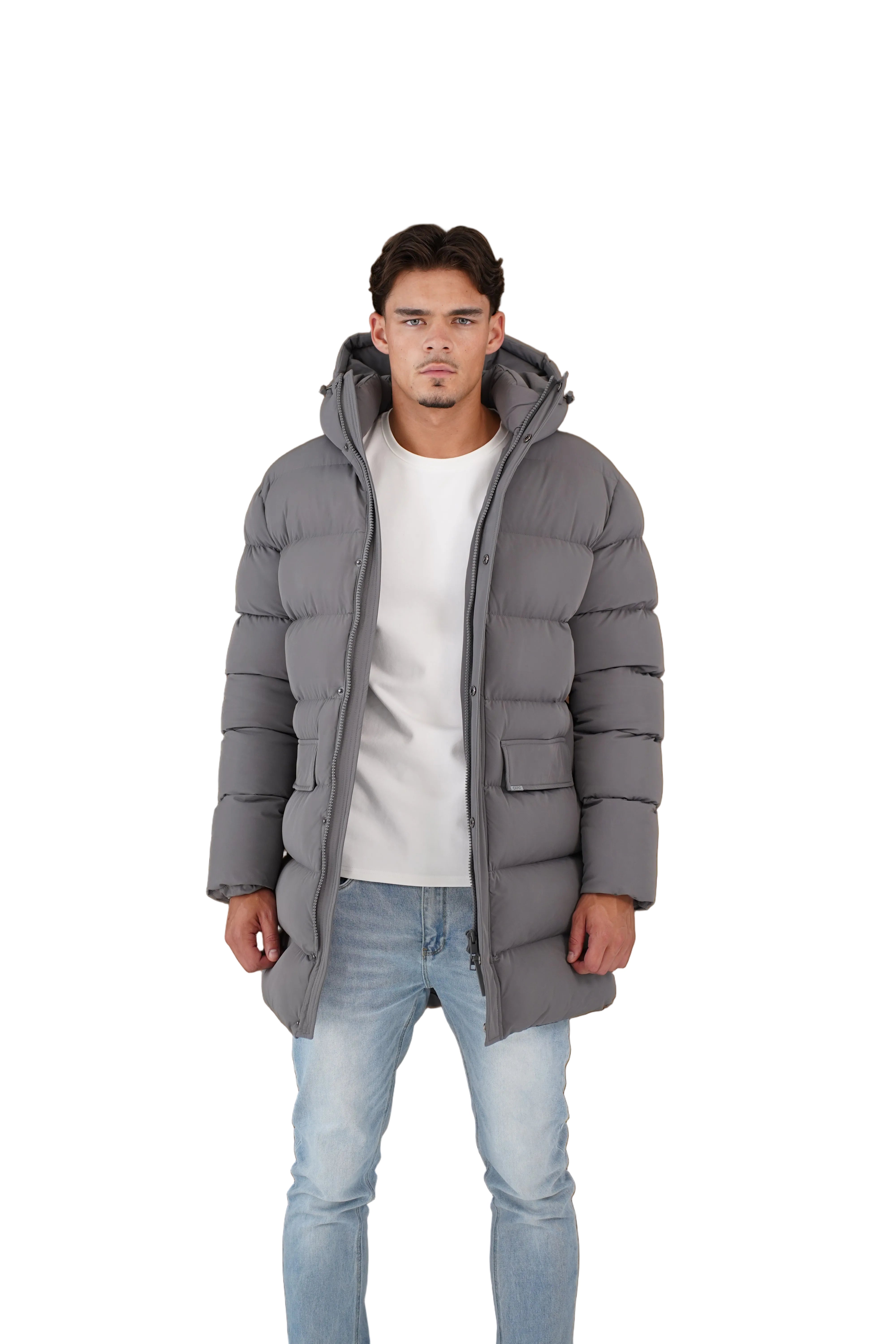 Model front view of CAPO Mid Length Charcoal Puffer Jacket
