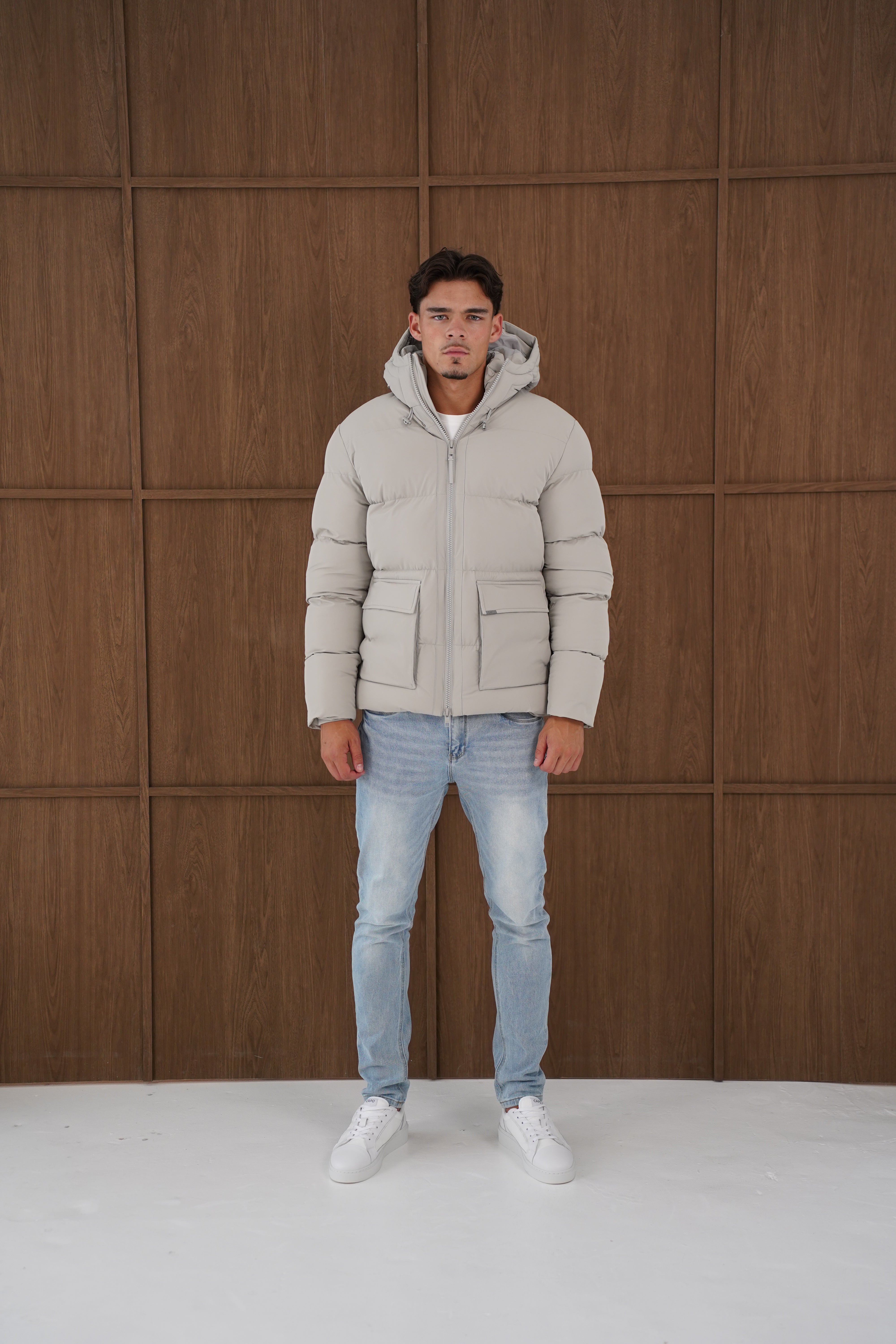 Model front view of CAPO Stone Puffer Jacket