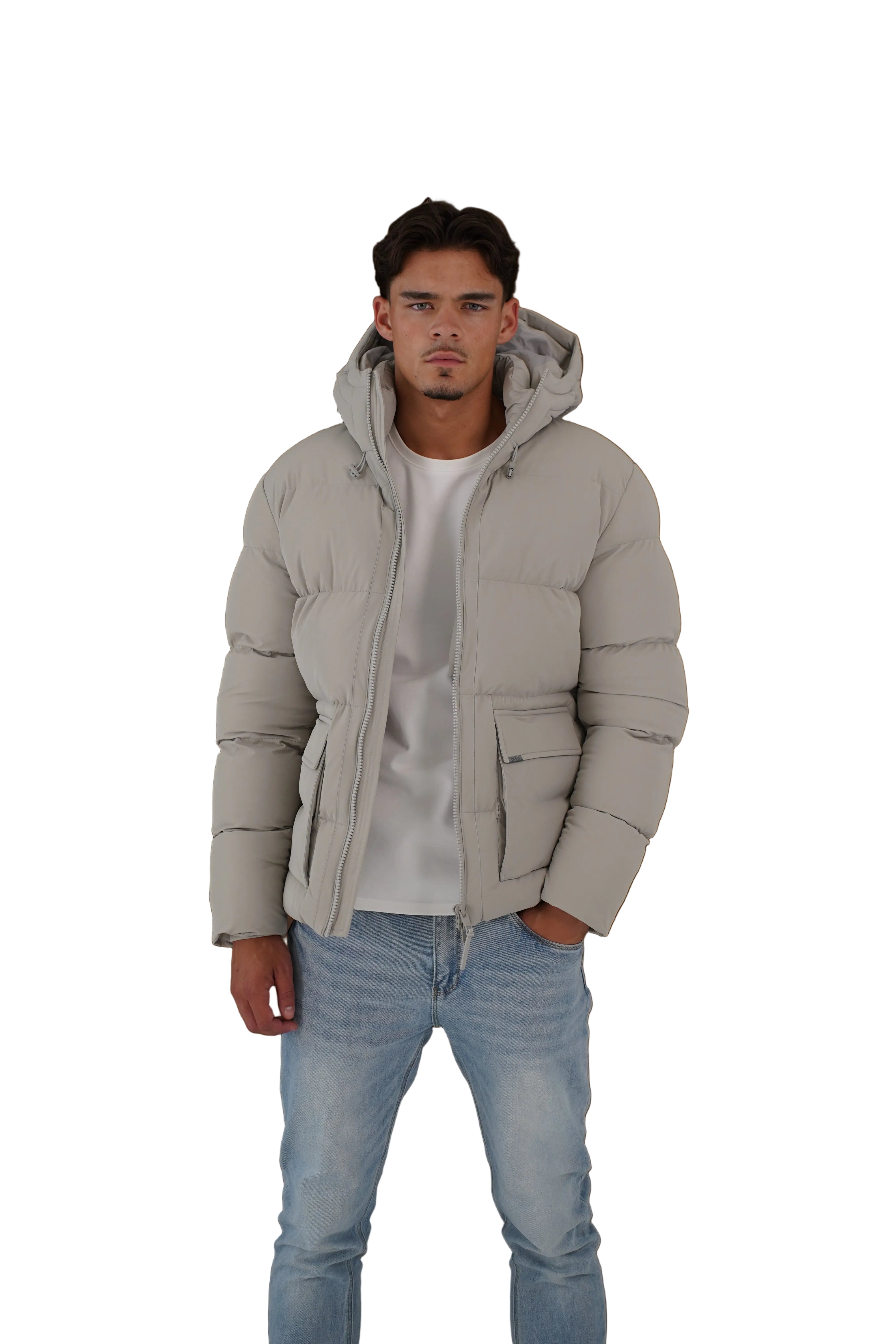 Model front view of CAPO Stone Puffer Jacket