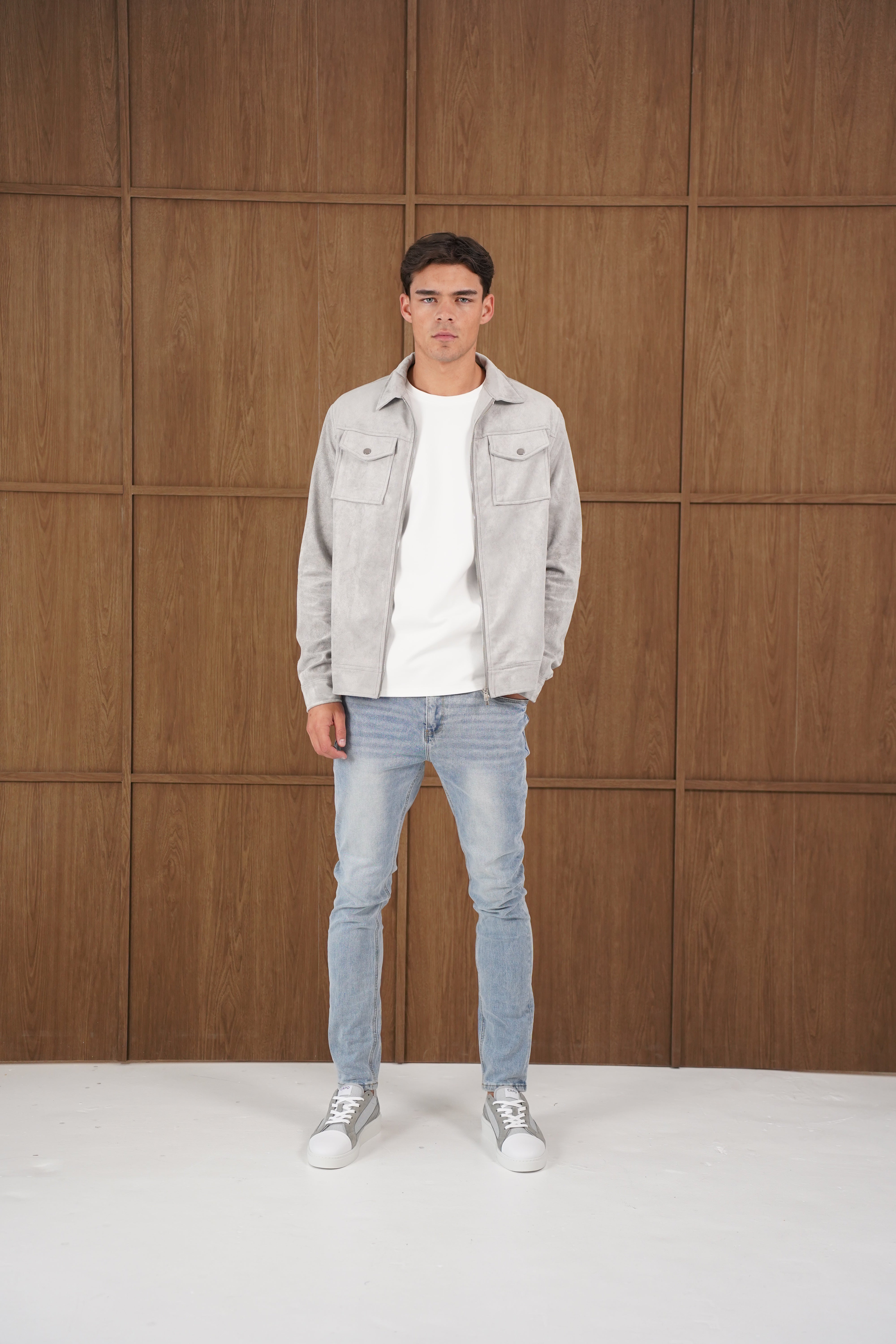 Model view of CAPO Suede Grey Jacket