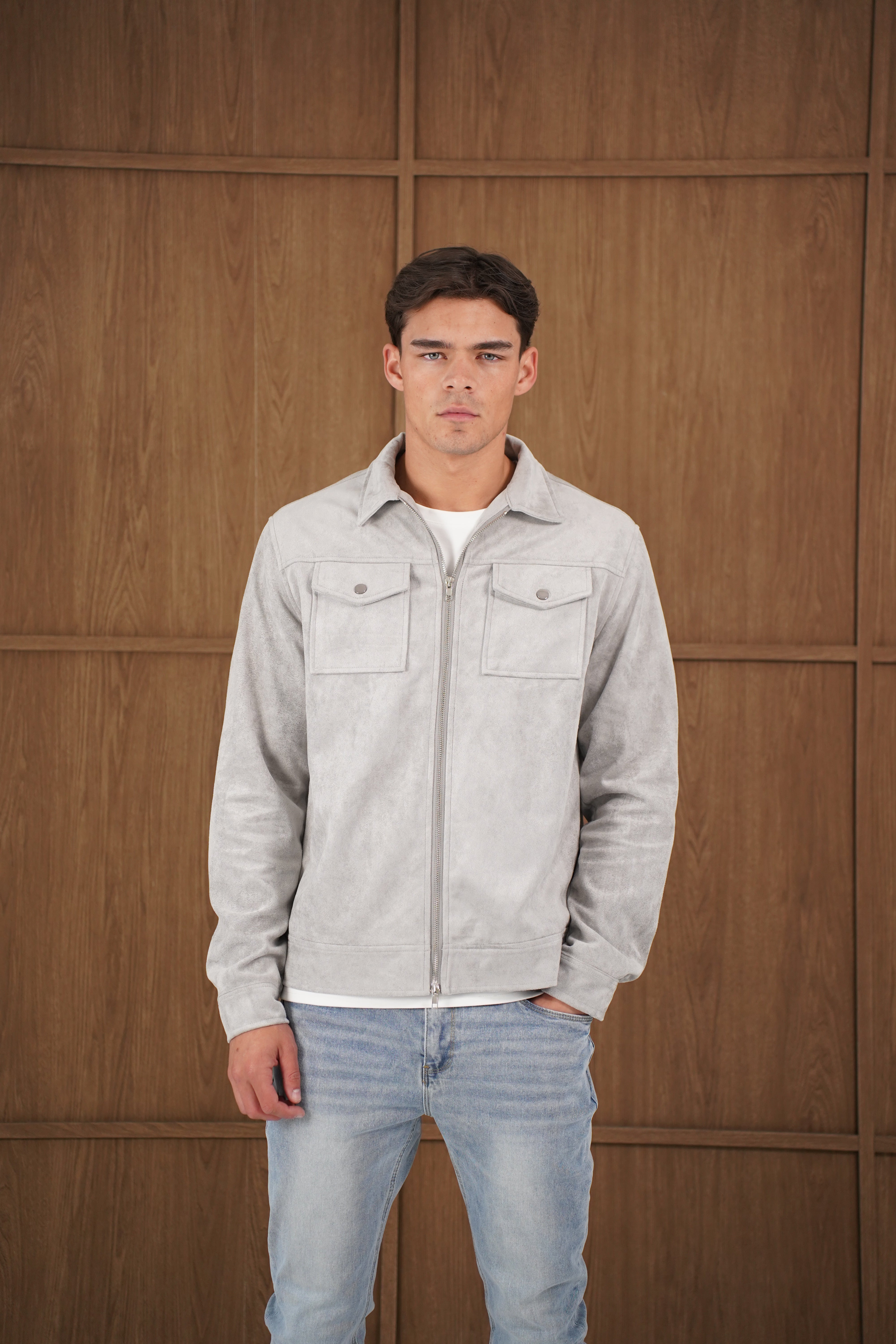 Model front view of CAPO Suede Grey Jacket