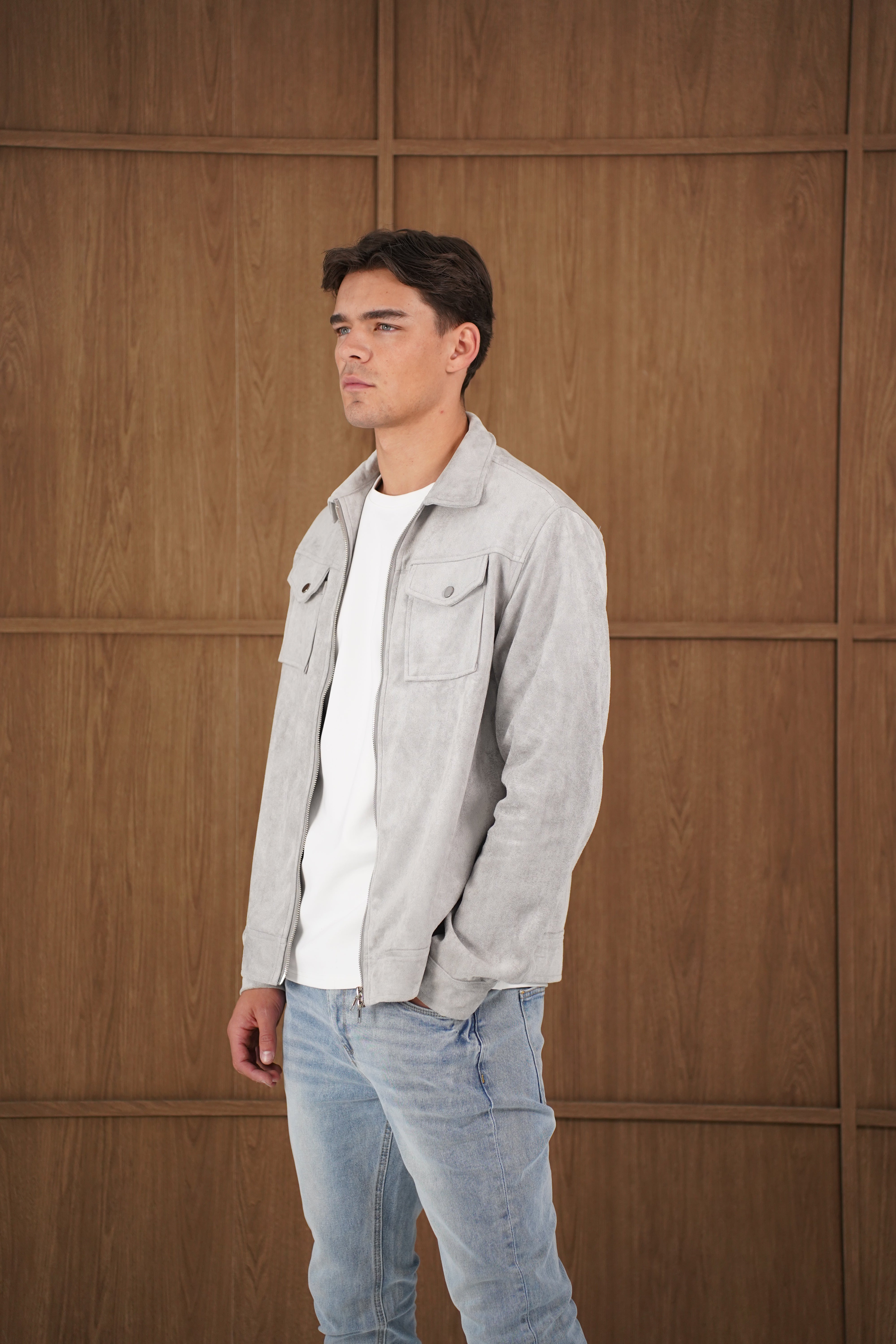 Model side view of CAPO Suede Grey Jacket