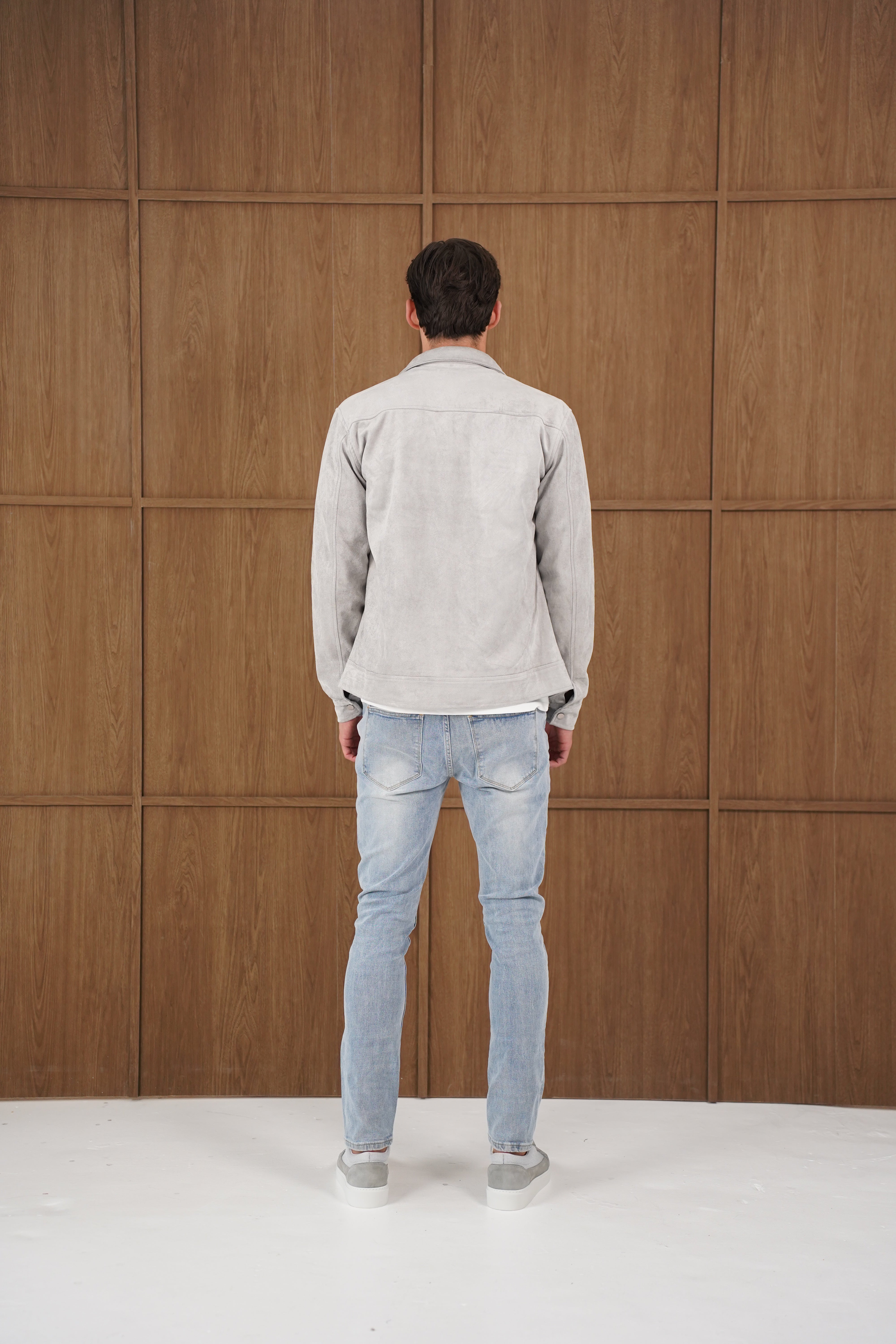 Model back view of CAPO Suede Grey Jacket