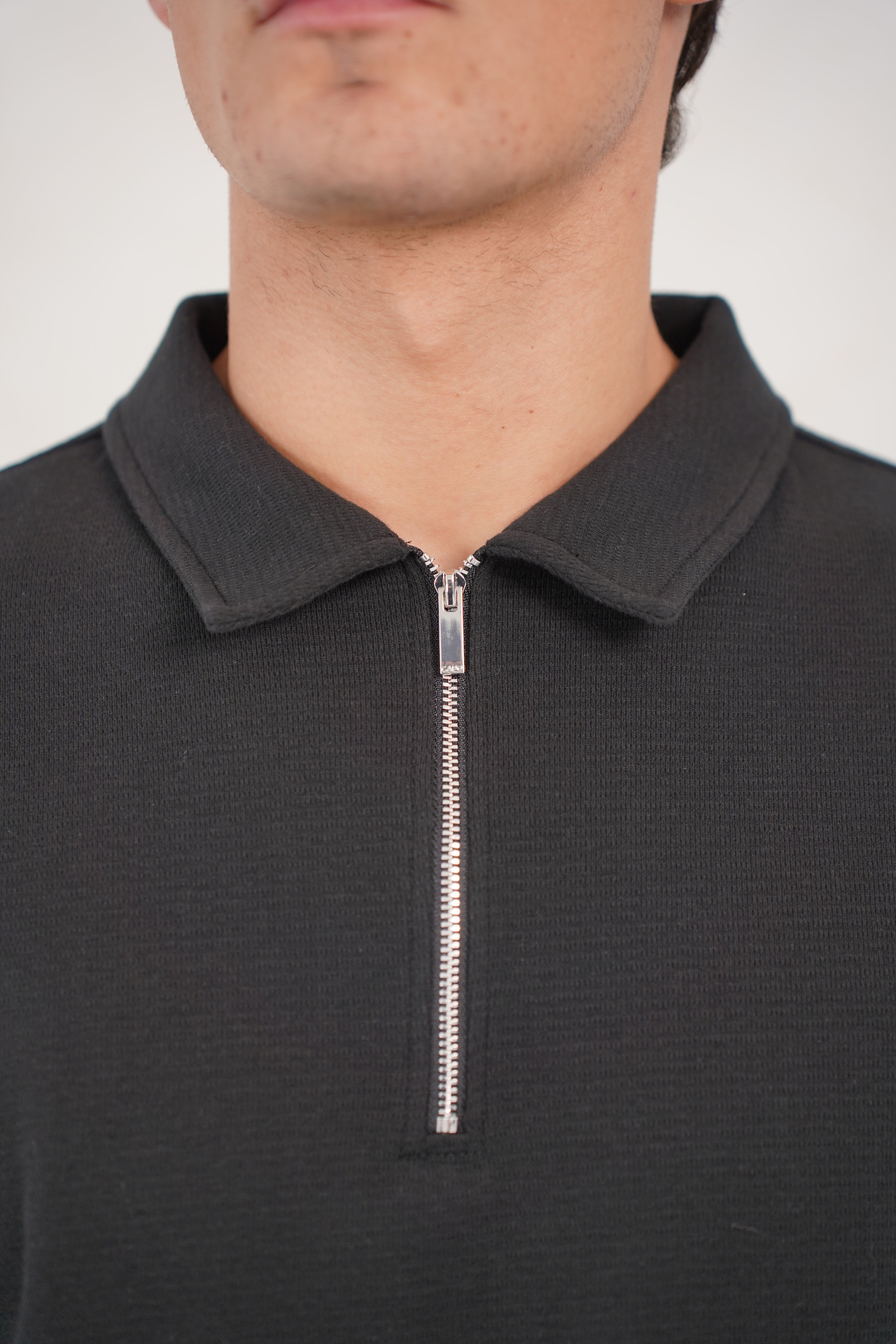 CAPO Textured Black Zip-Up Polo Shirt