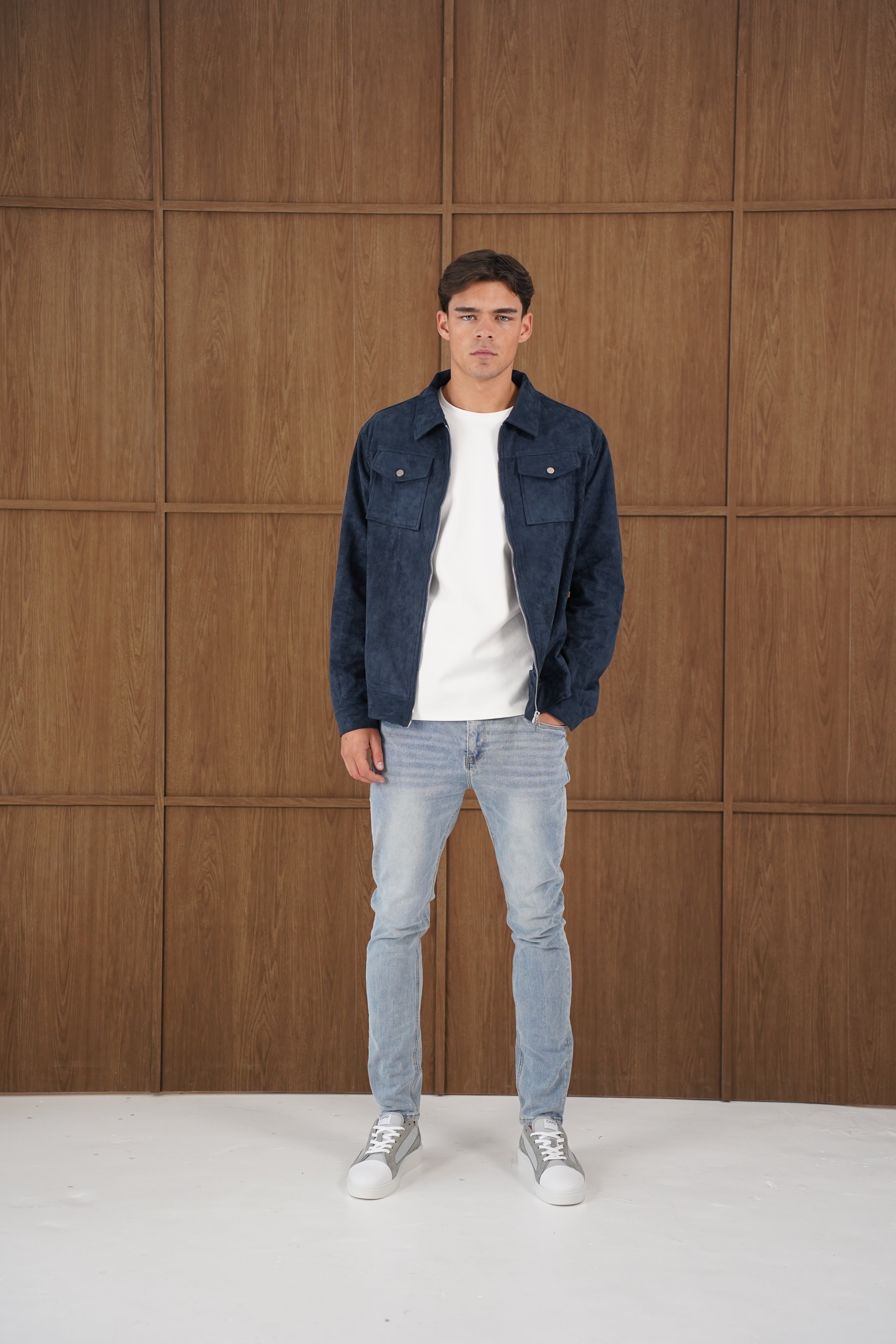 Model view of CAPO Suede Navy Jacket