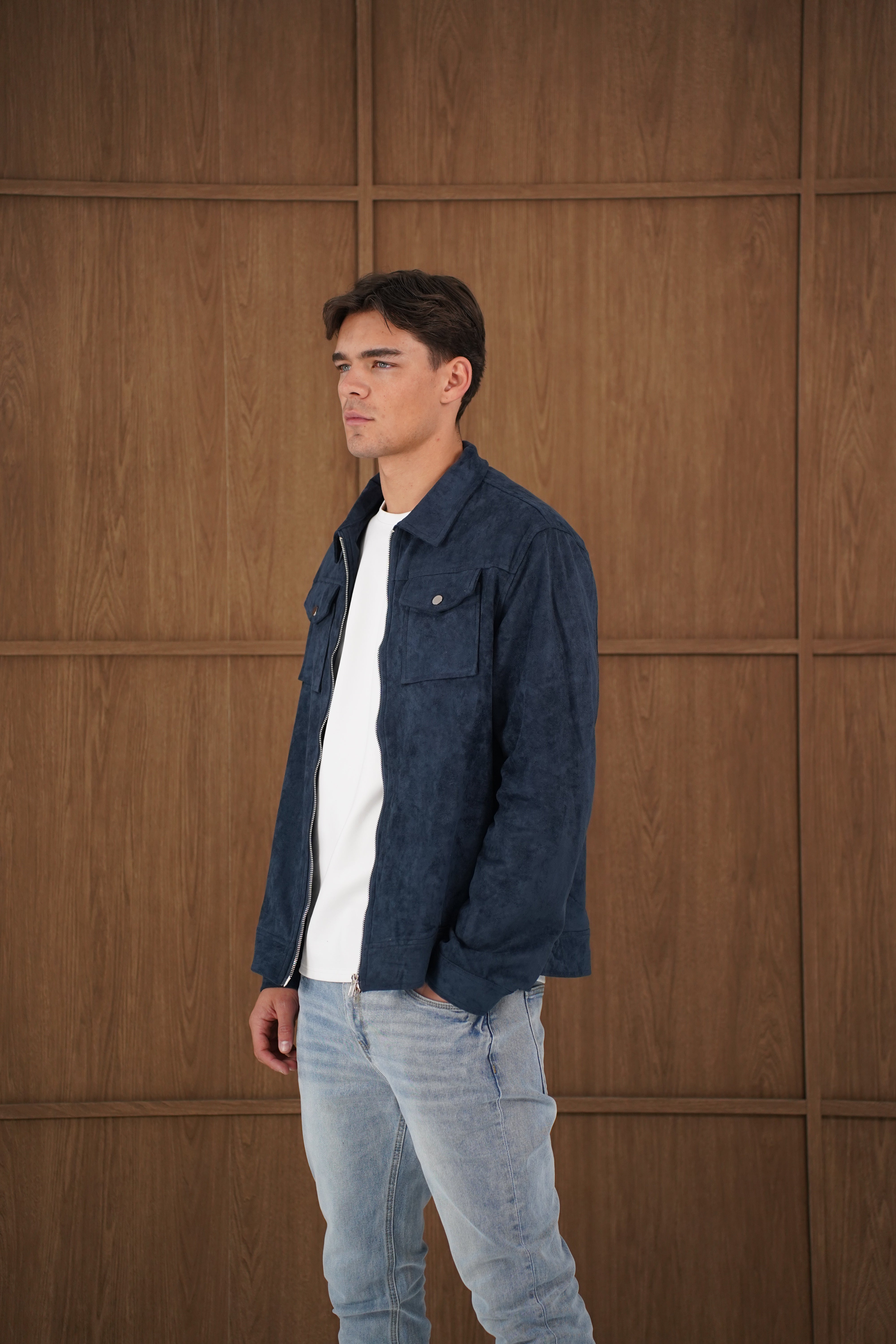 Model view of CAPO Suede Navy Jacket