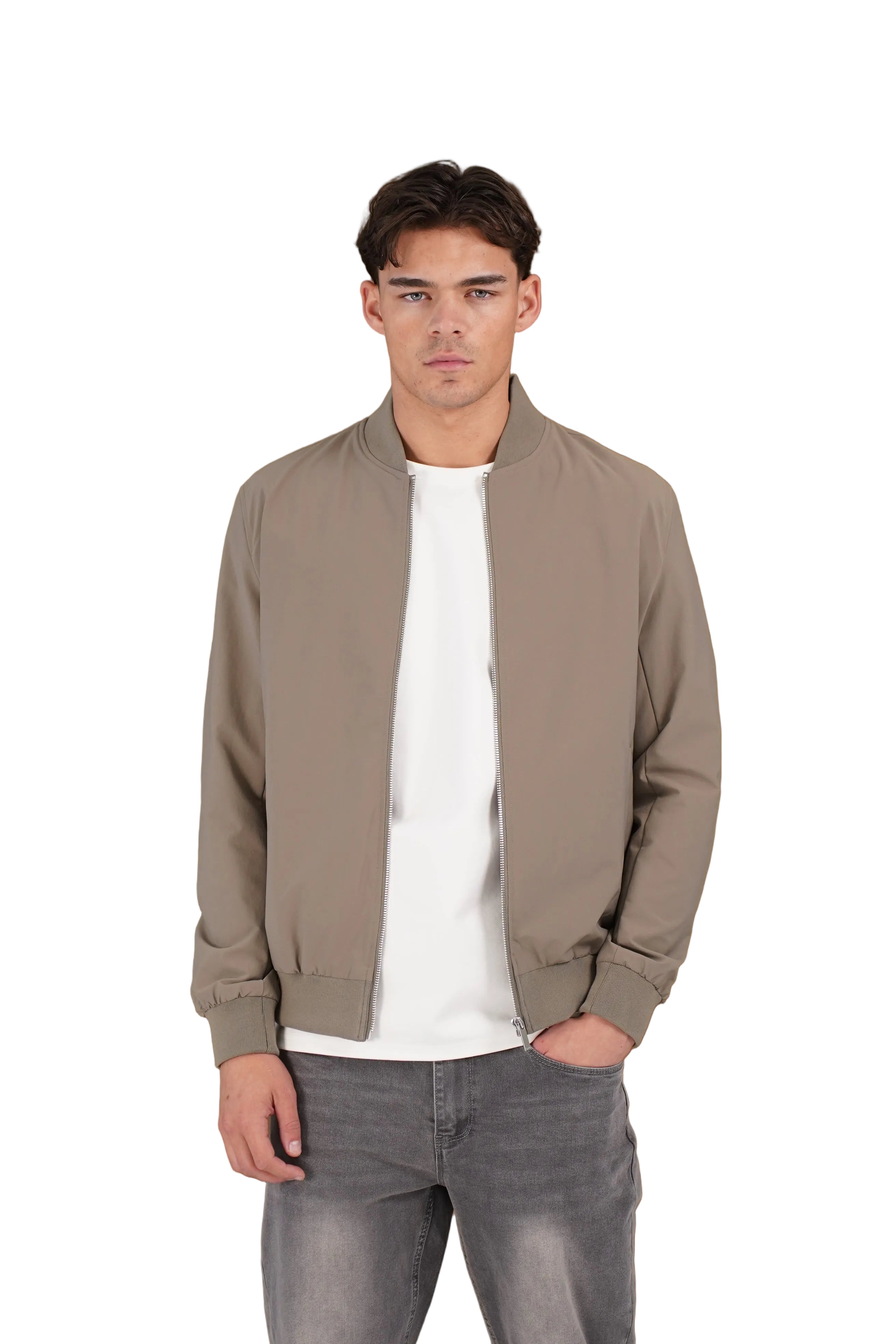 Model front view of CAPO Light Olive Bomber Jacket