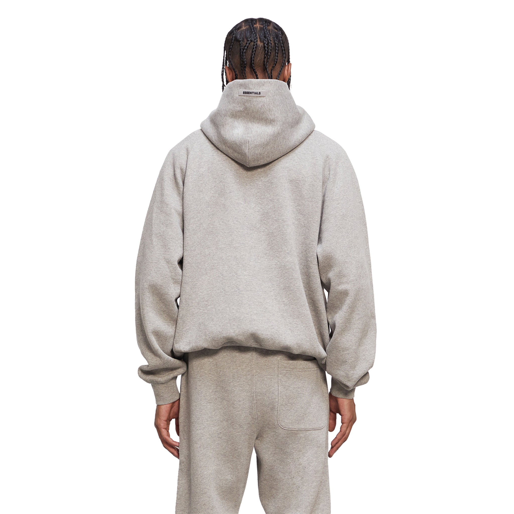 Model back view of Fear Of God Essentials Heather Oatmeal Hoodie