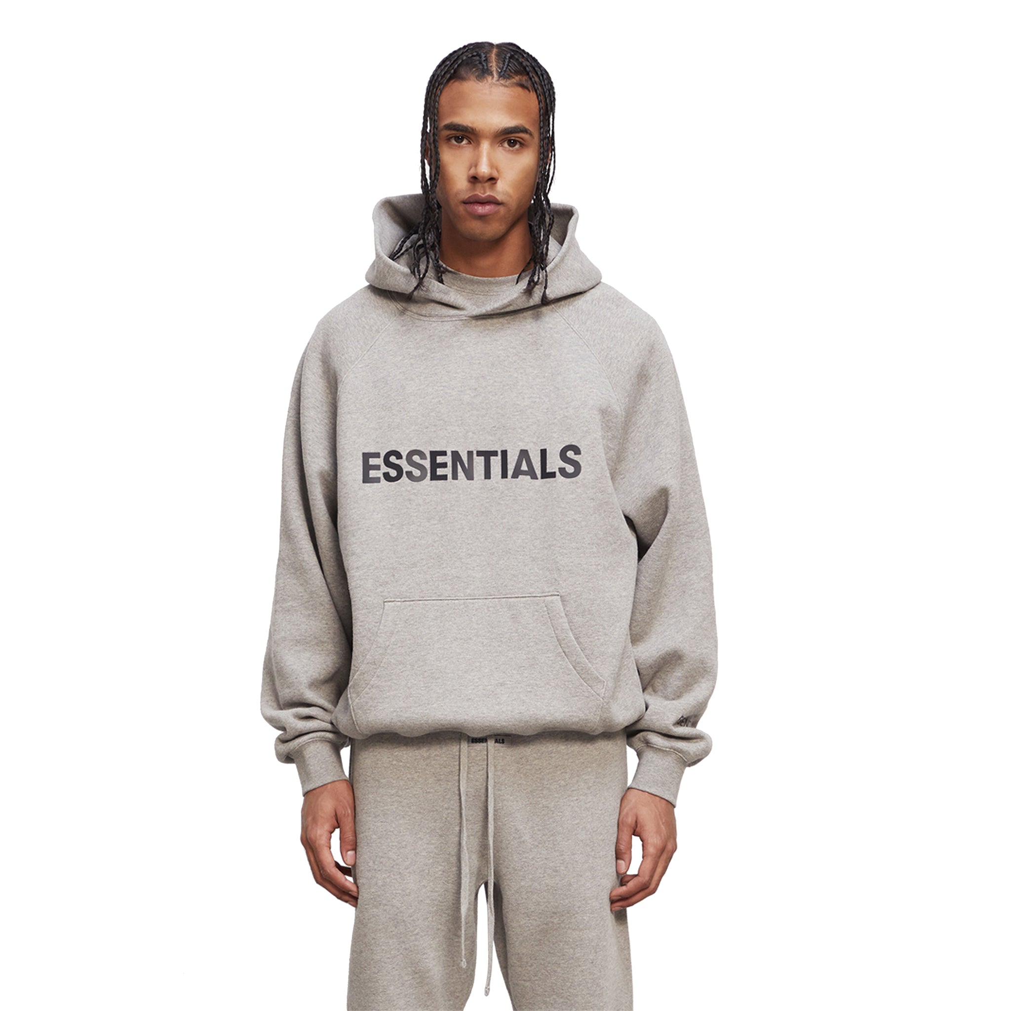 Model Front view of Fear Of God Essentials Heather Oatmeal Hoodie