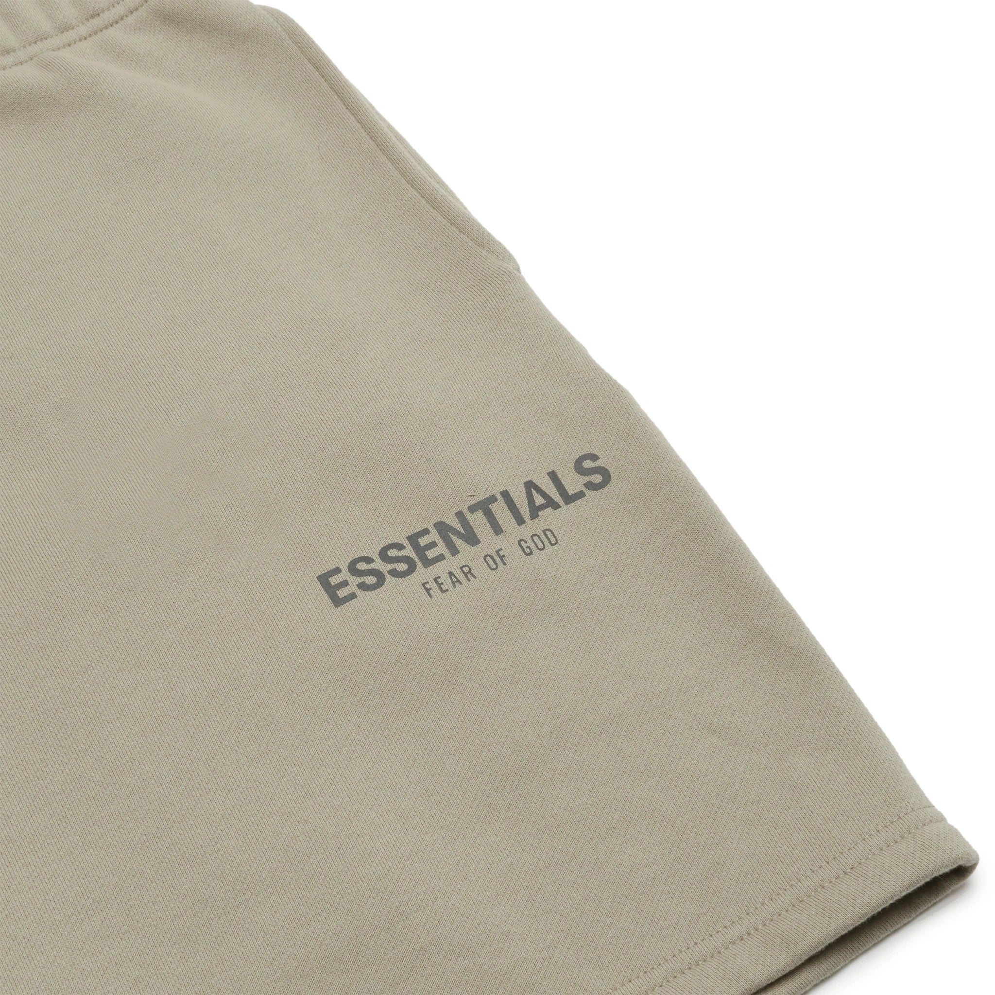 Logo view of Fear Of God Essentials Olive/Khaki Reflective Shorts