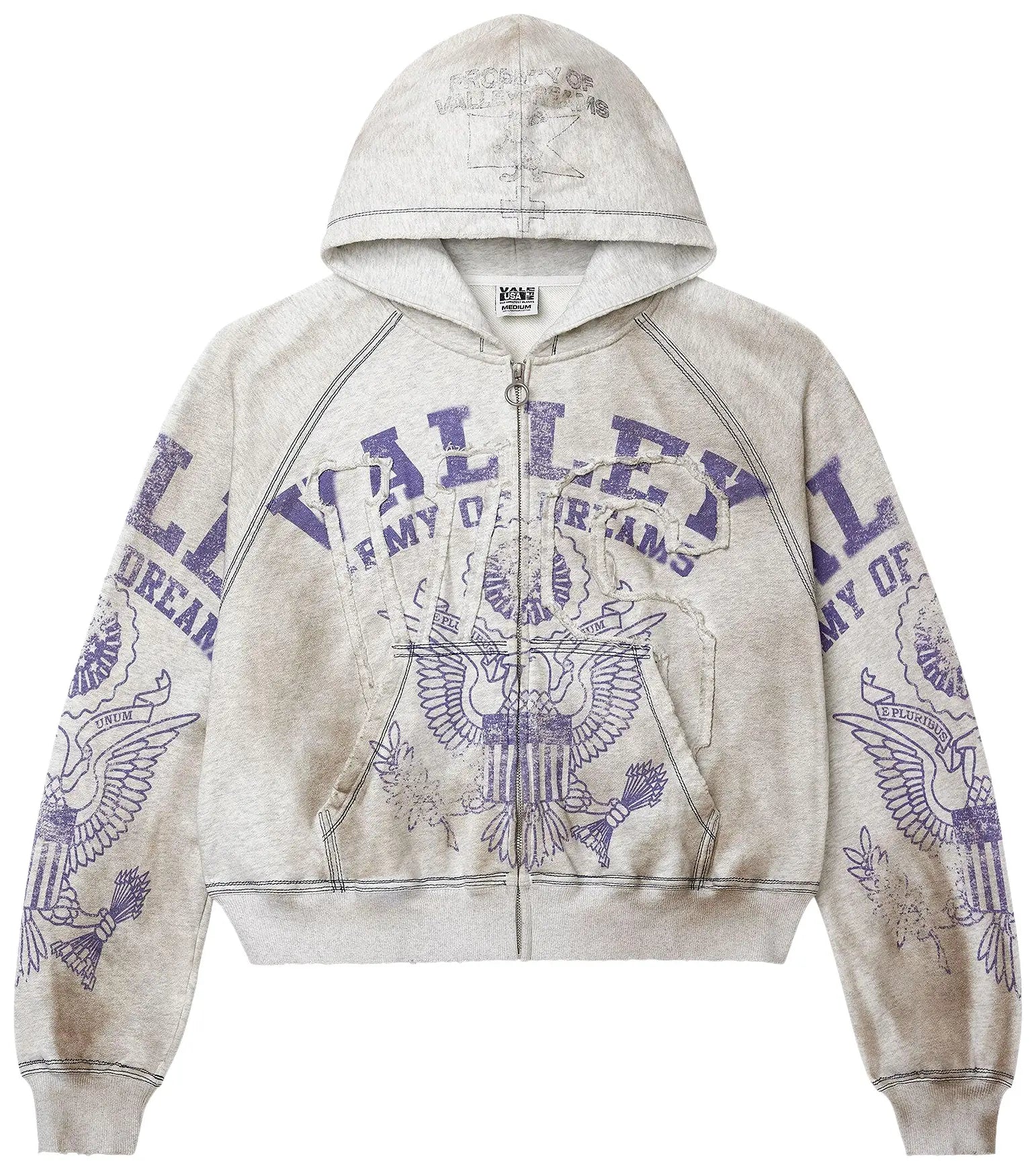 Front View of Vale Forever Valley Dreams Army Dirt Grey Zip-Up Hoodie