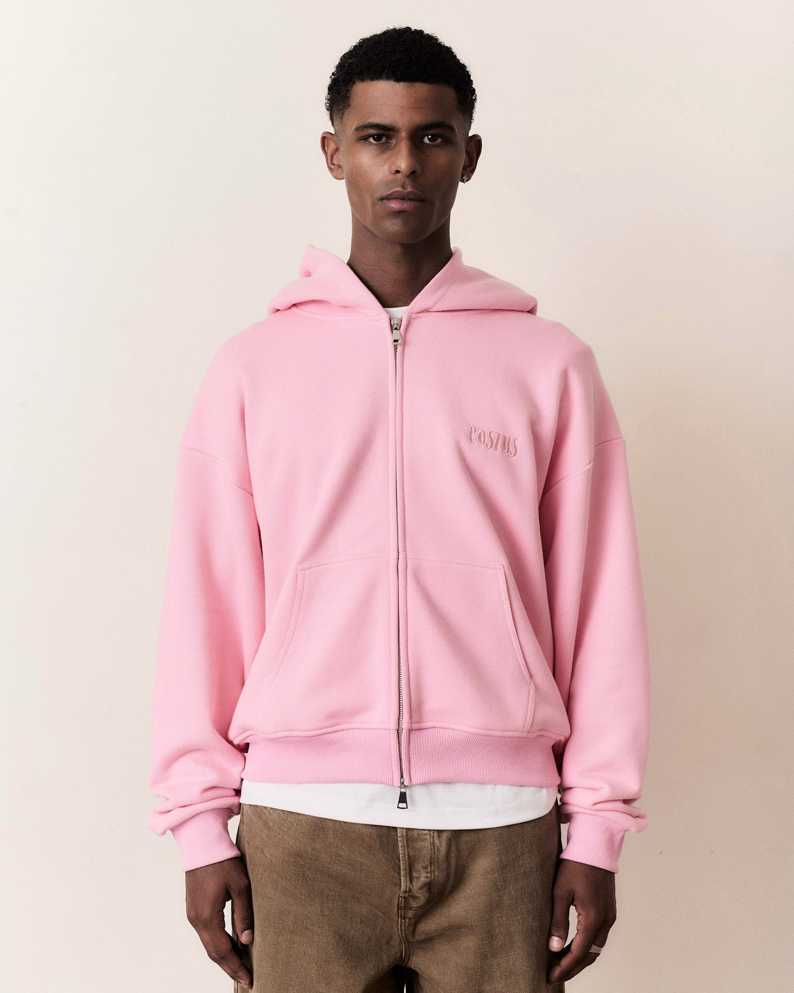 Coszus Embroidered Pink Zip-Up Hoodie
