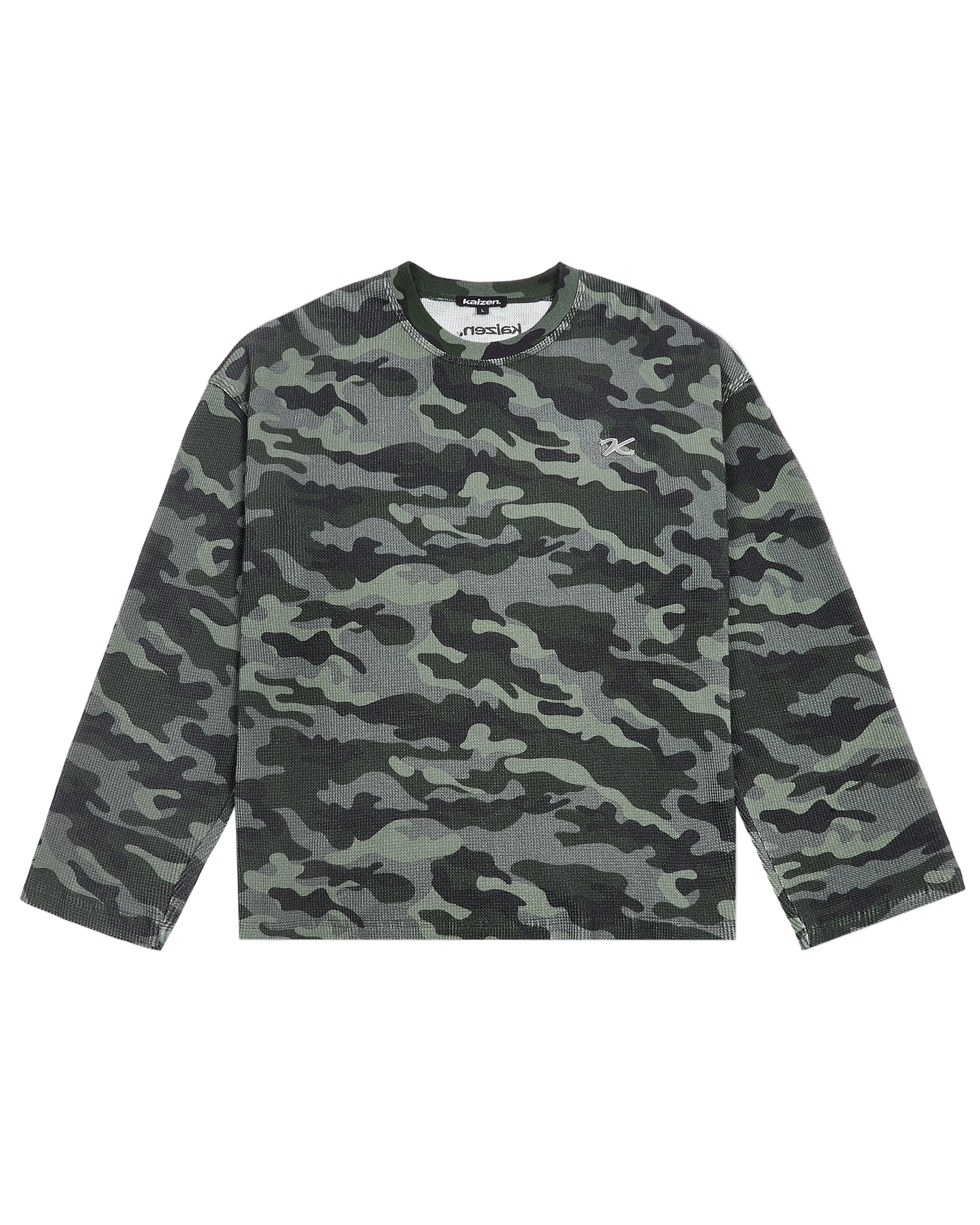 Front view of Kaizen Market Waffle Camo L/S T-shirt