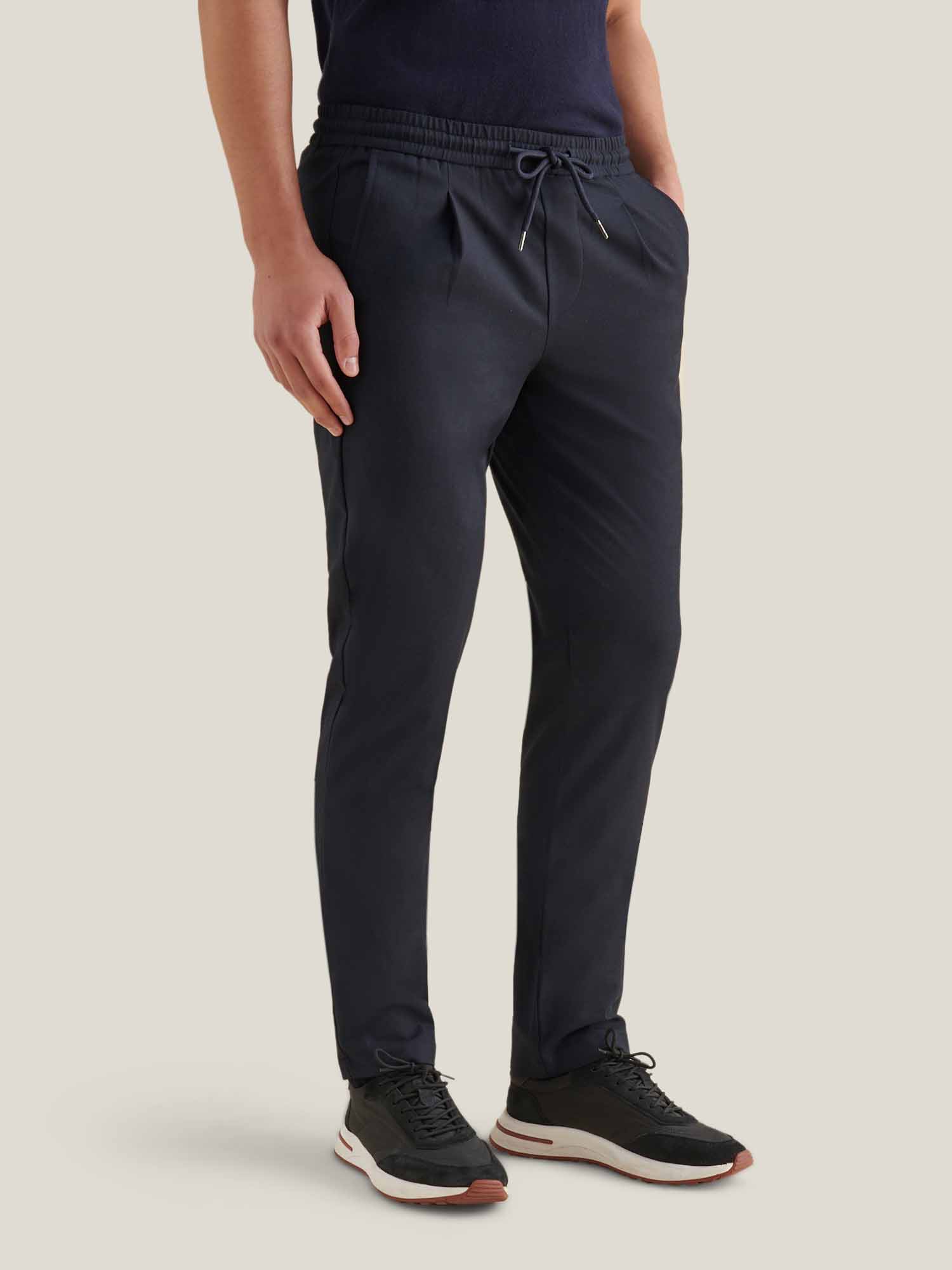 Peckham Rye Single Pleat Drawstring Navy Blue Trousers