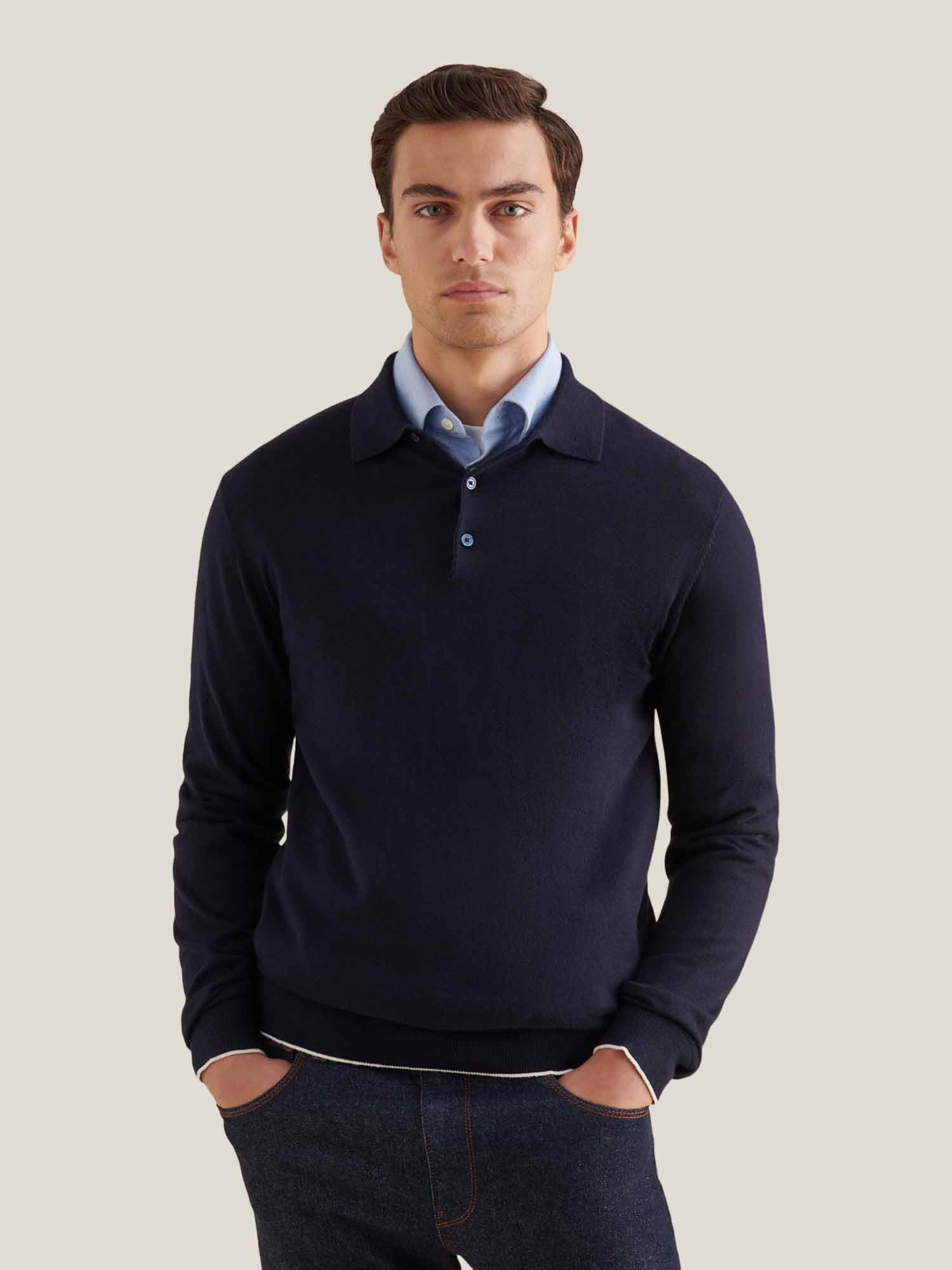 Peckham Rye Knit L/S Dark Sapphire Navy Polo Shirt