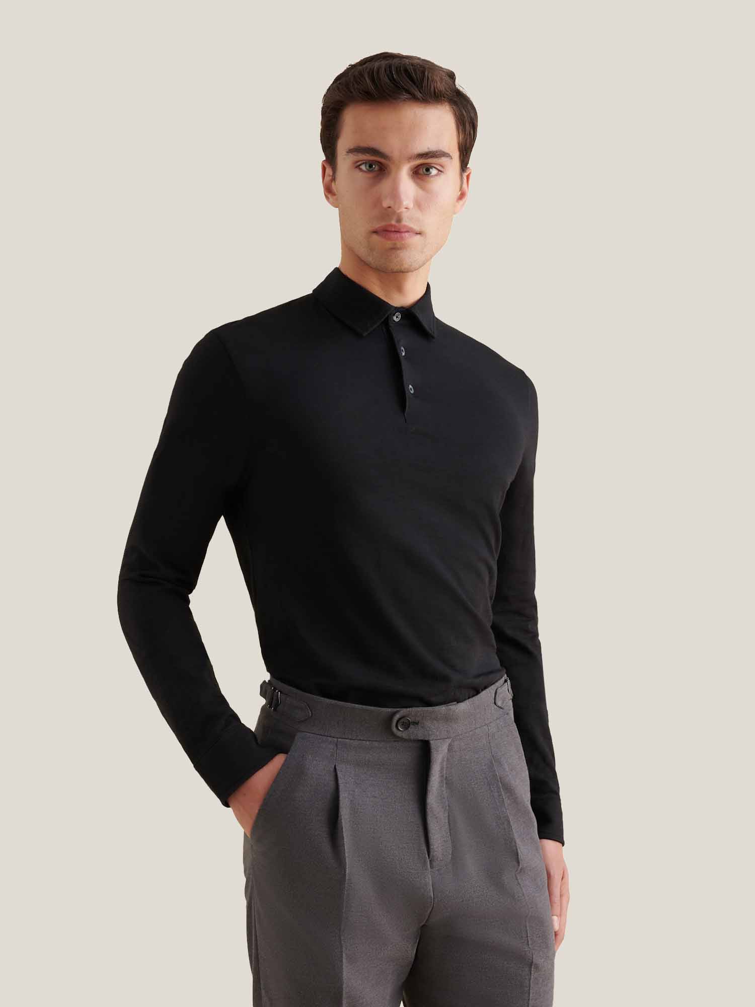 Peckham Rye Slub L/S Polo Black Shirt