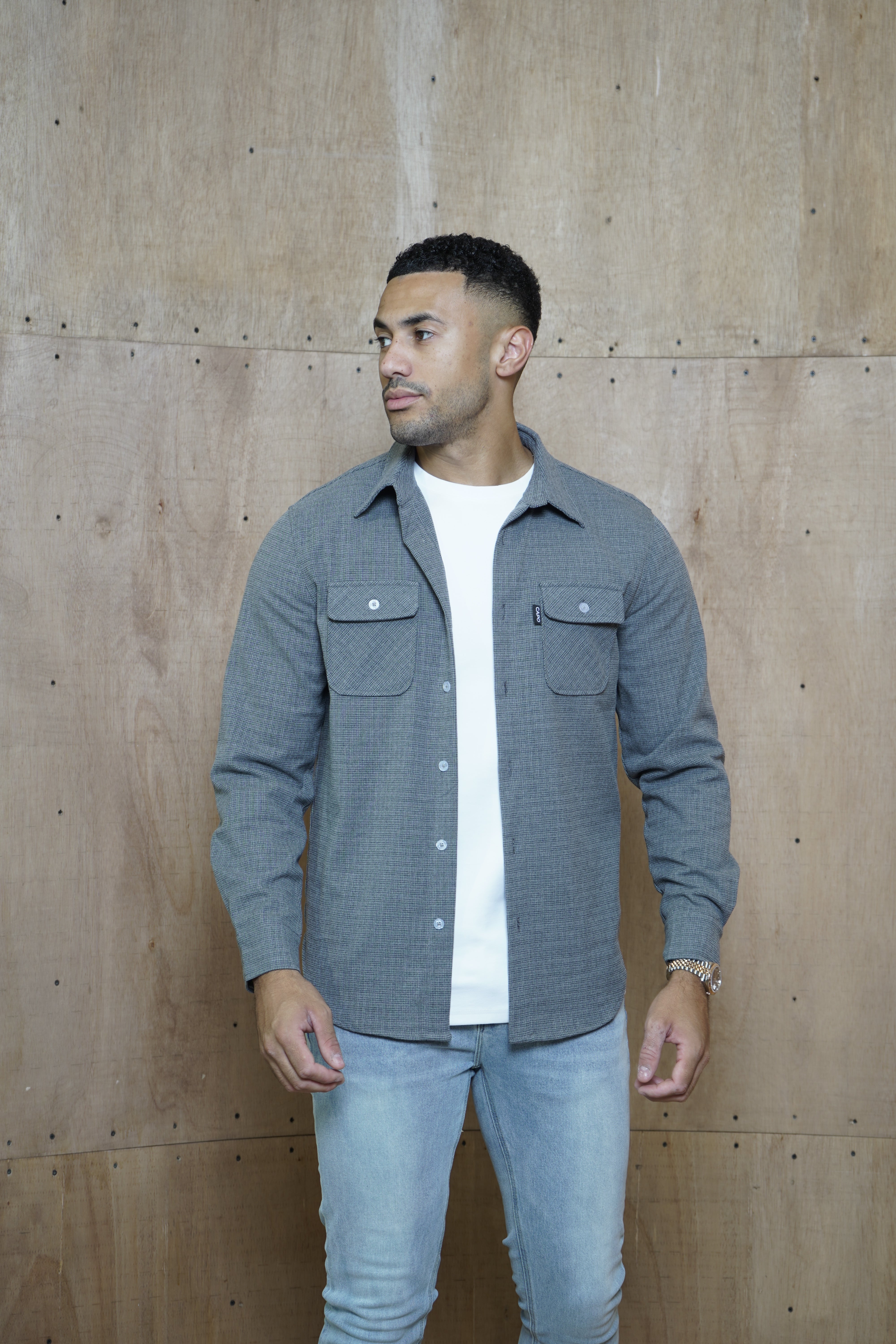 Model  view of CAPO Ollie Grey Overshirt