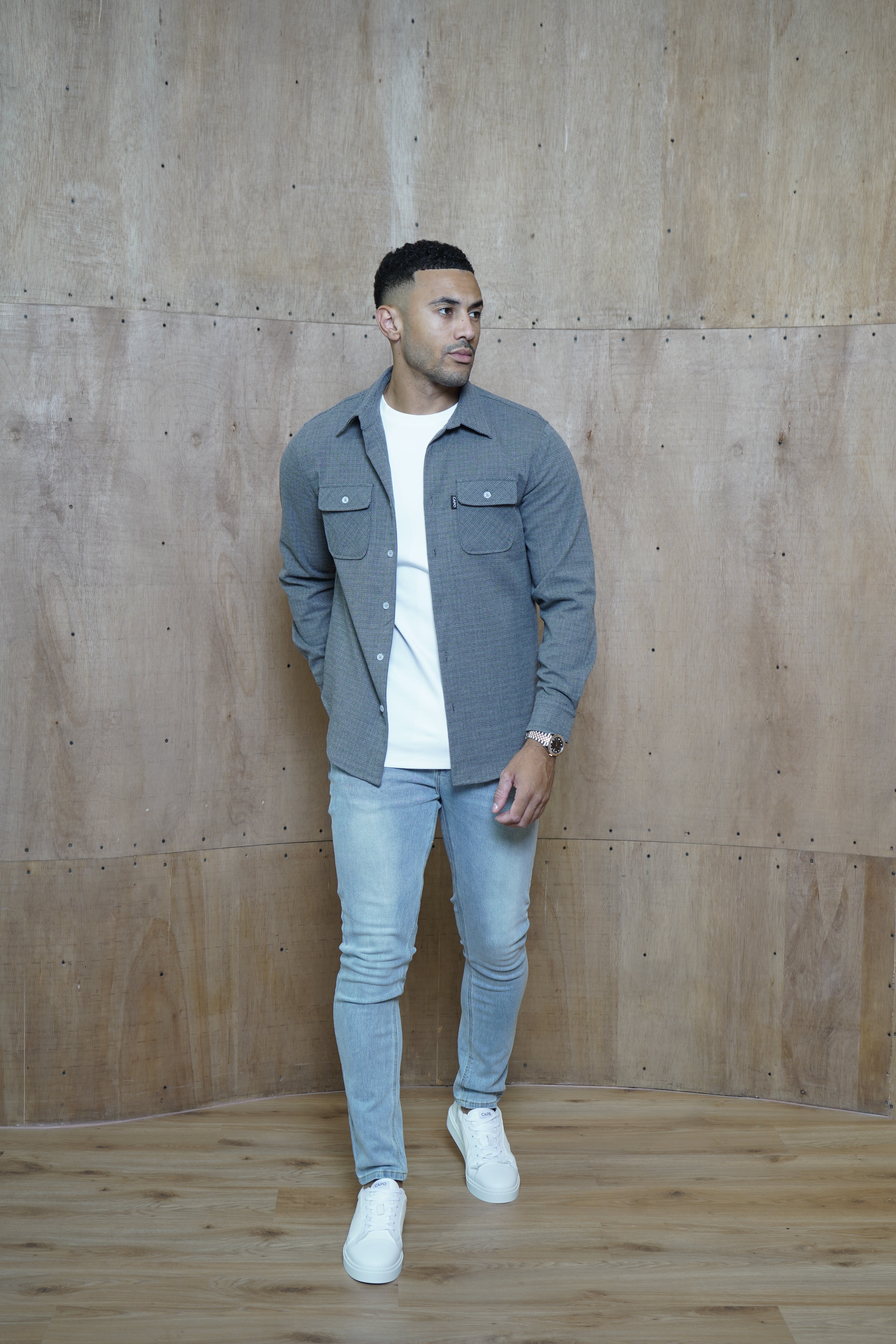 Model  view of CAPO Ollie Grey Overshirt