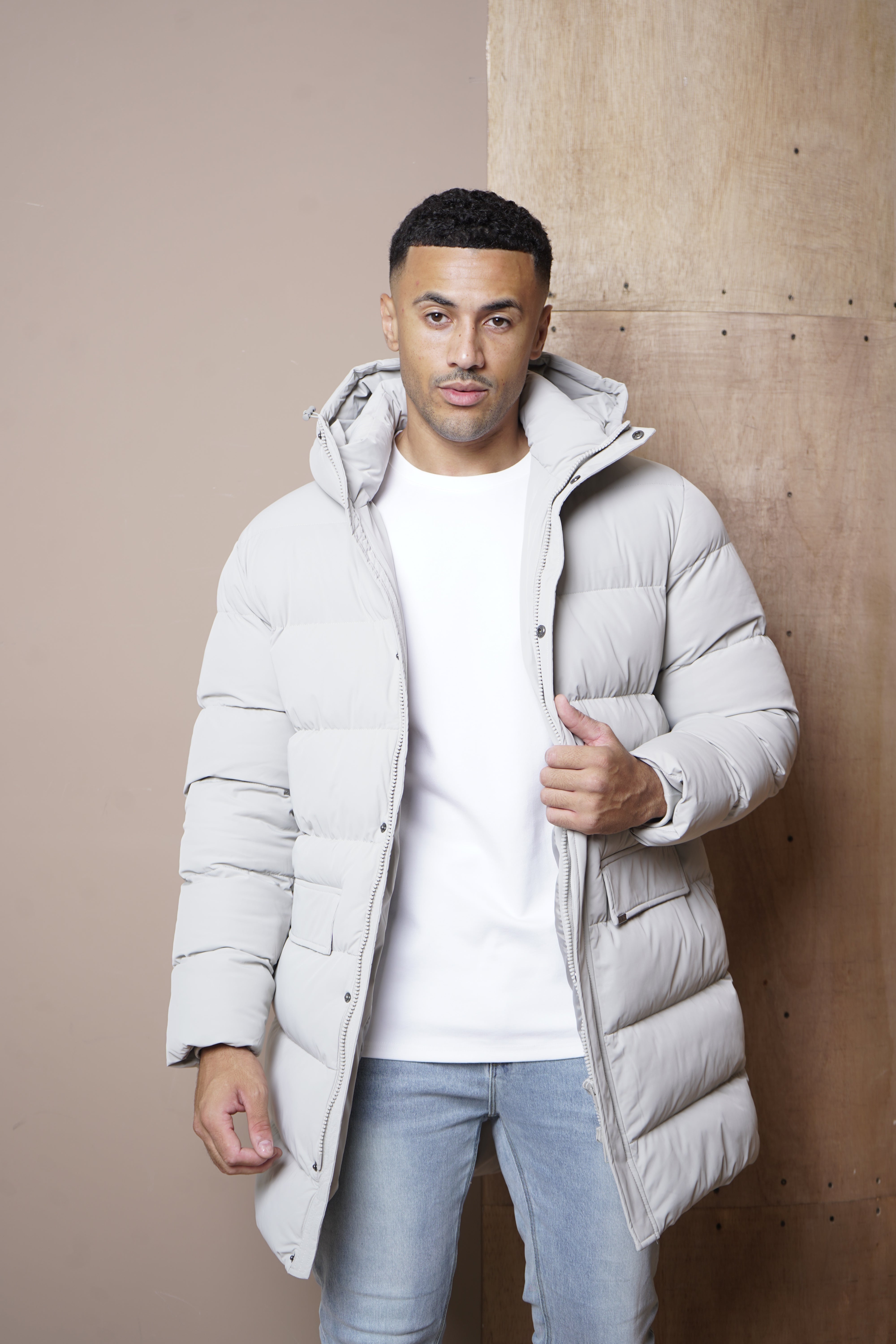 Model view of CAPO Mid Length Stone Puffer Jacket