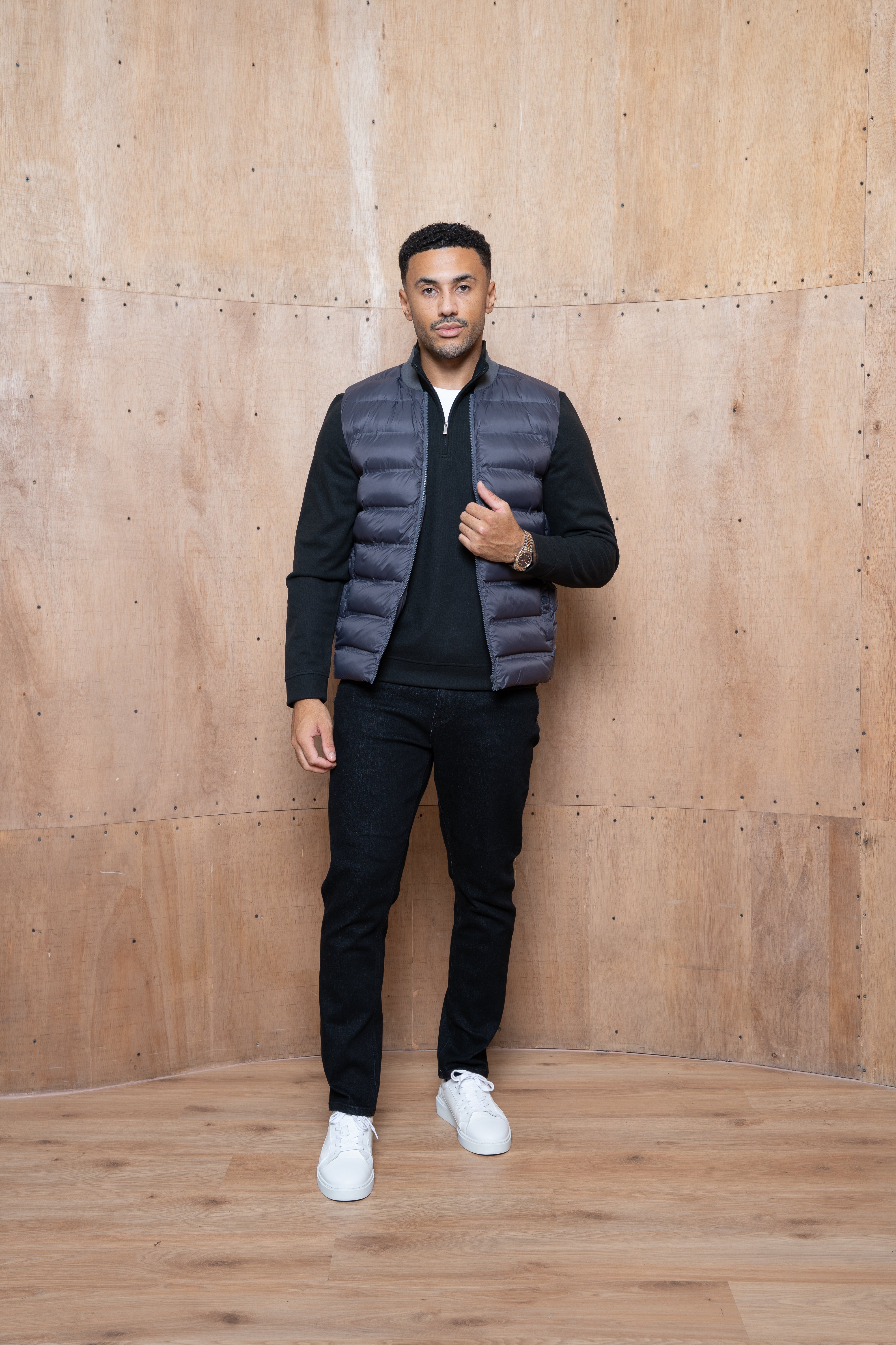 Model view of CAPO Tech Asphalt Puffer Gilet