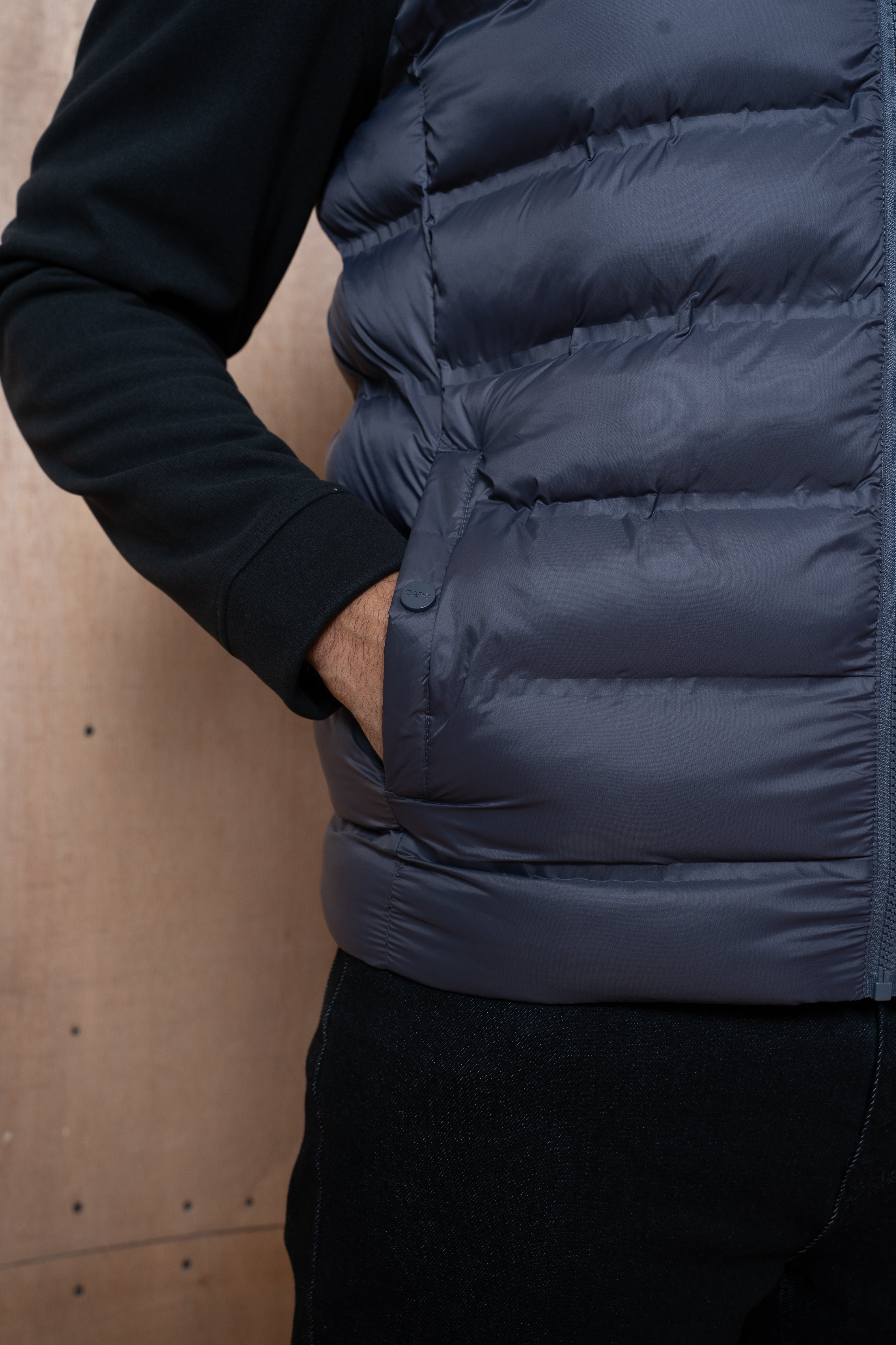Pocket view of CAPO Tech Asphalt Puffer Gilet