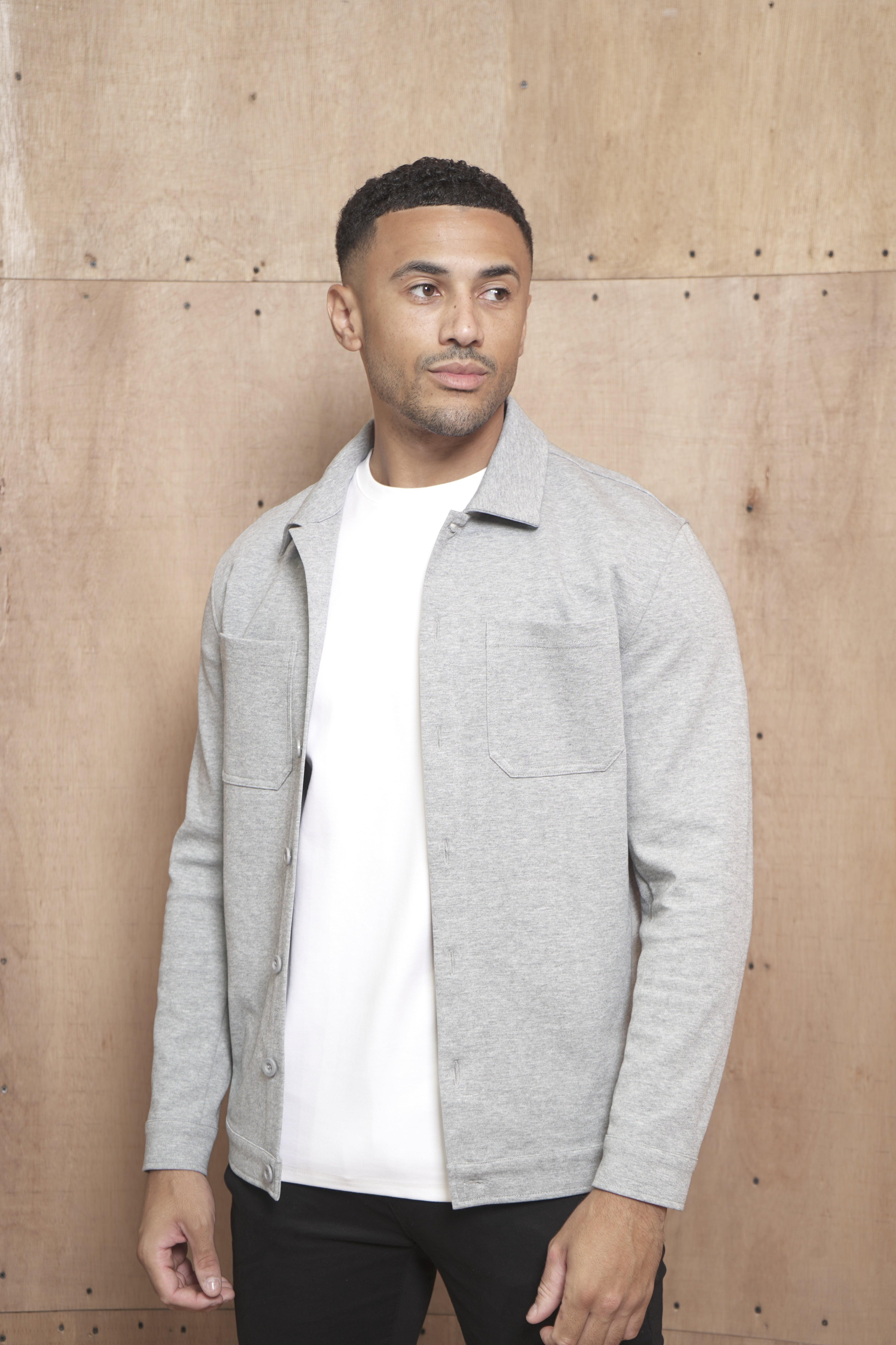 Model view of CAPO Smart Button Light Grey Overshirt