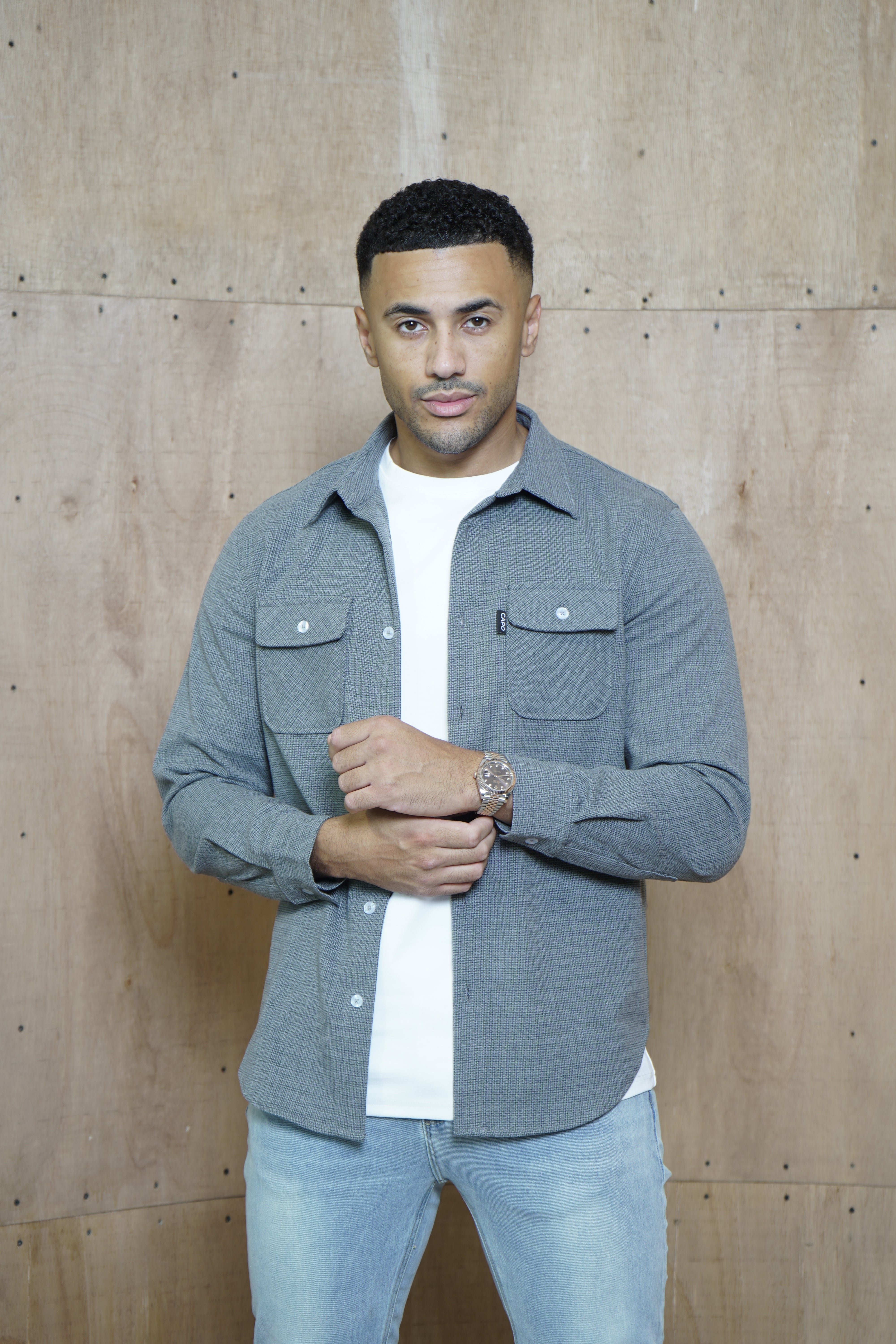 Model  view of CAPO Ollie Grey Overshirt