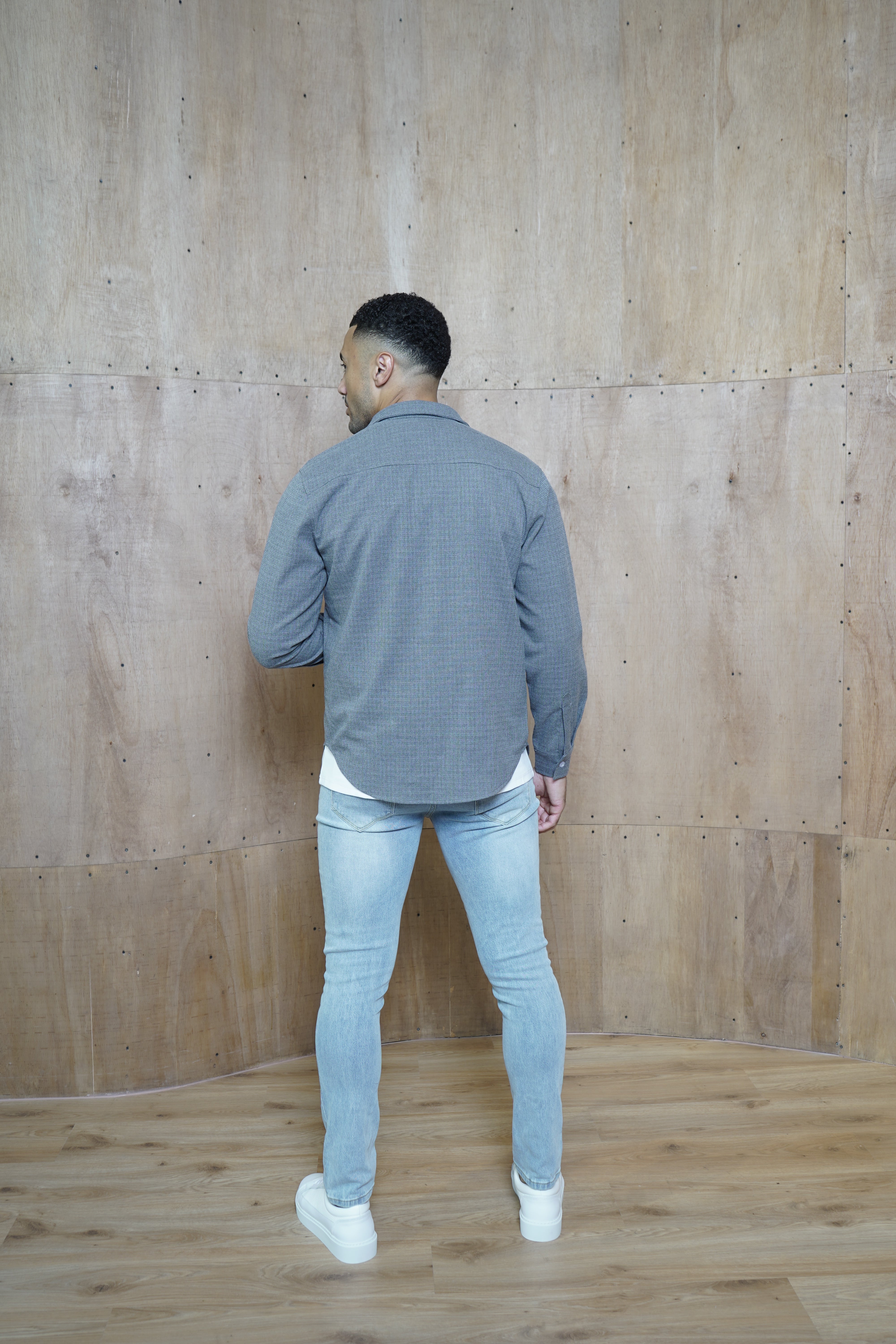 Model back  view of CAPO Ollie Grey Overshirt