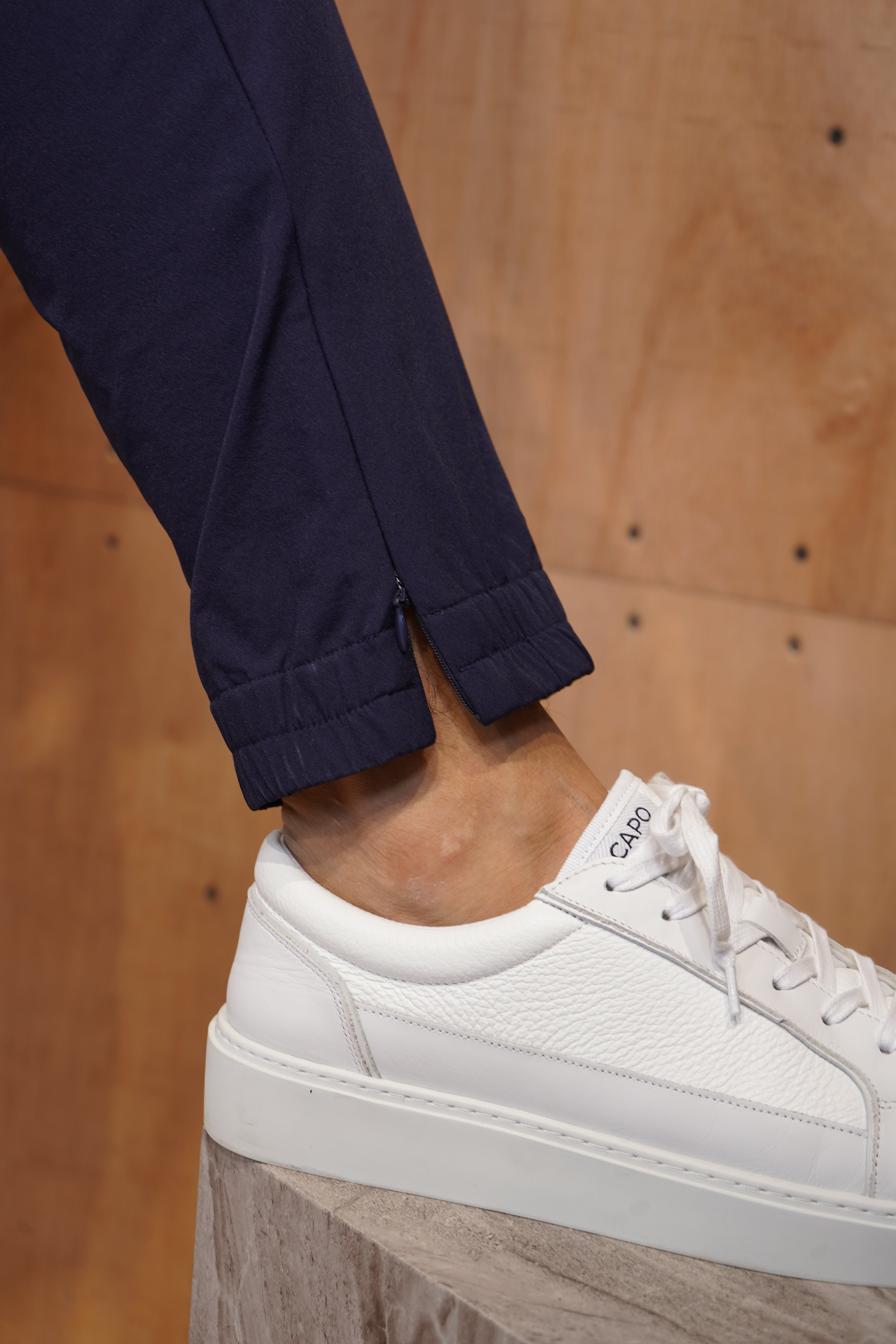 Detail view of CAPO Smart Cuffed Navy Cargo Pants